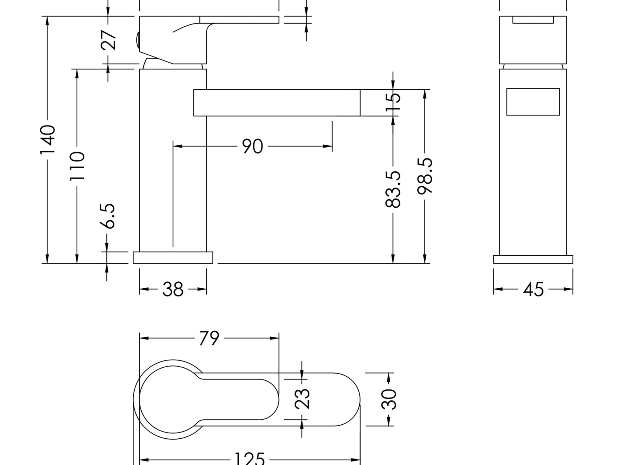 Technical drawing of a Chrome Mini Basin Mixer Tap with Push Button Waste, illustrating space-saving design for UK cloakrooms.