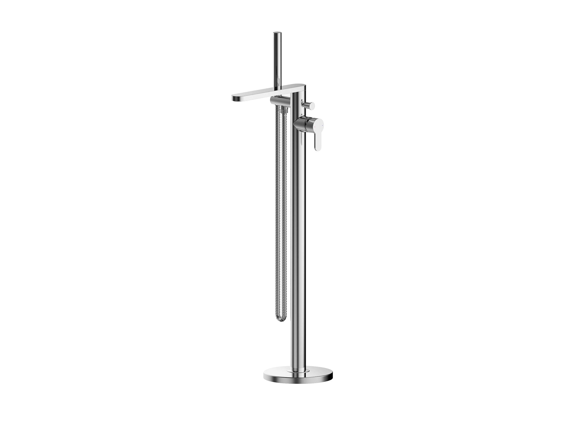 Arvan chrome freestanding bath tap beside roll-top tub