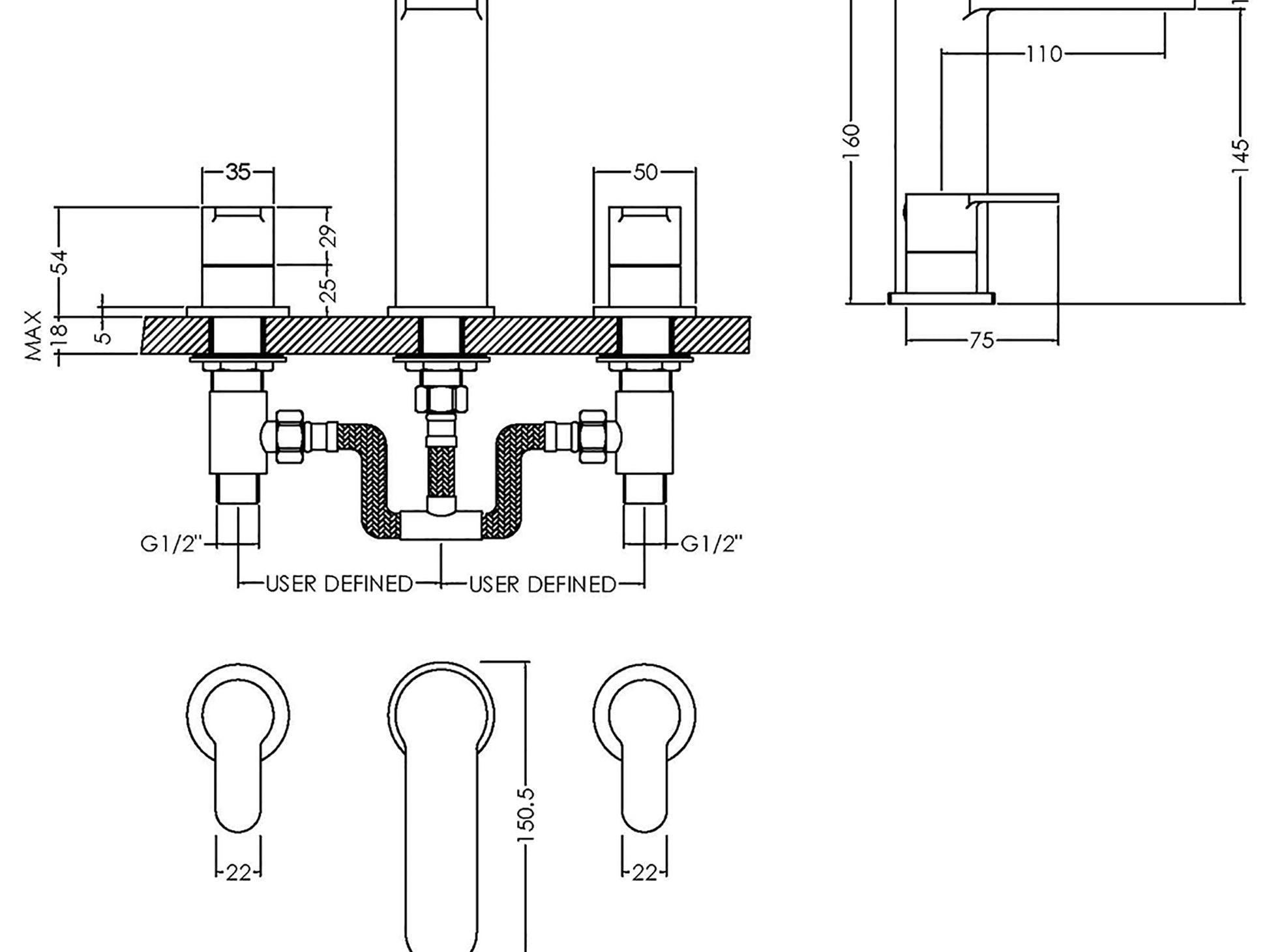 Dimensional drawing of a Chrome Mono Bidet Tap with Pop Up Waste, suitable for UK plumbing systems.