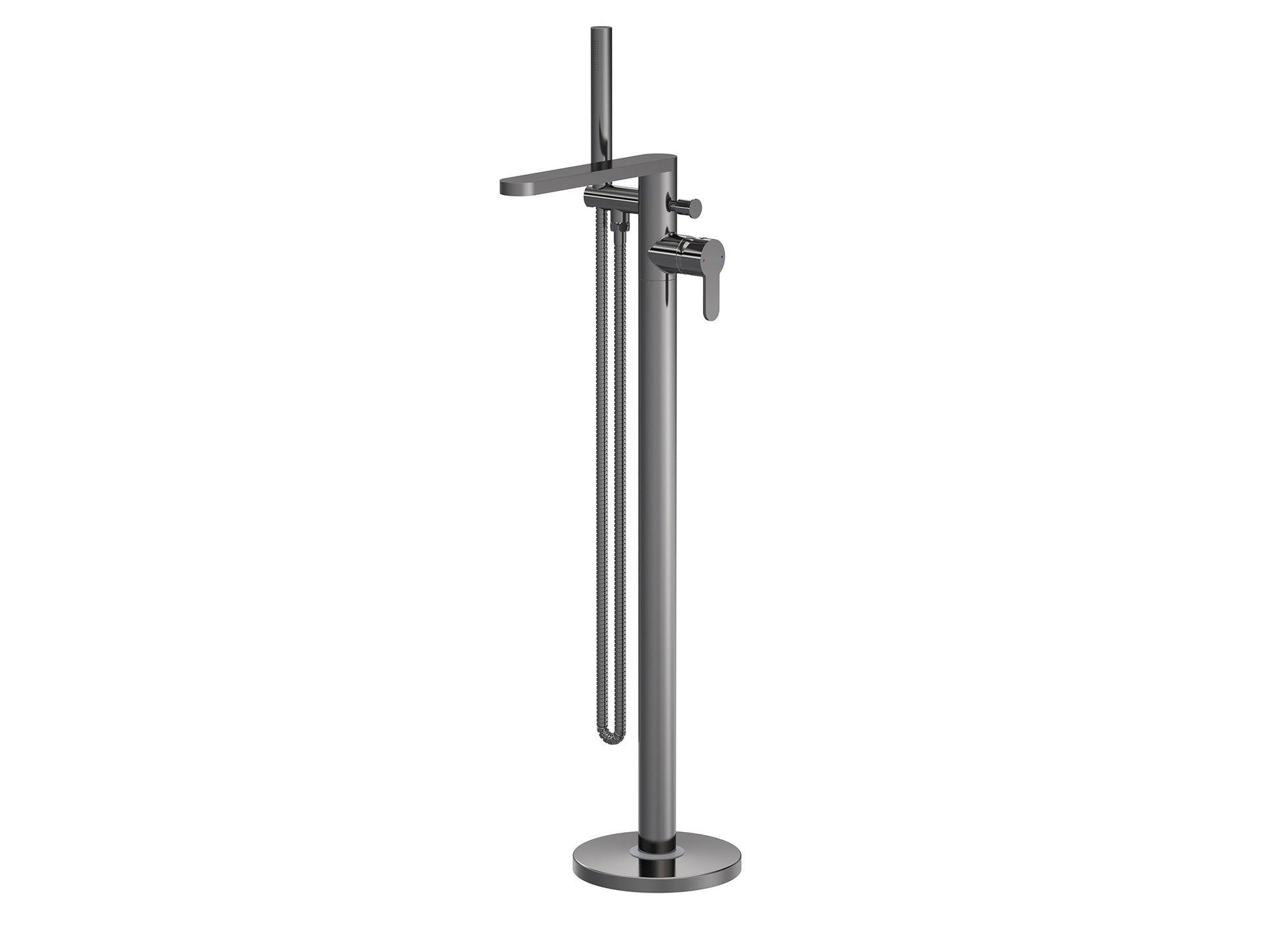 Arvan brushed pewter bath shower mixer next to freestanding tub