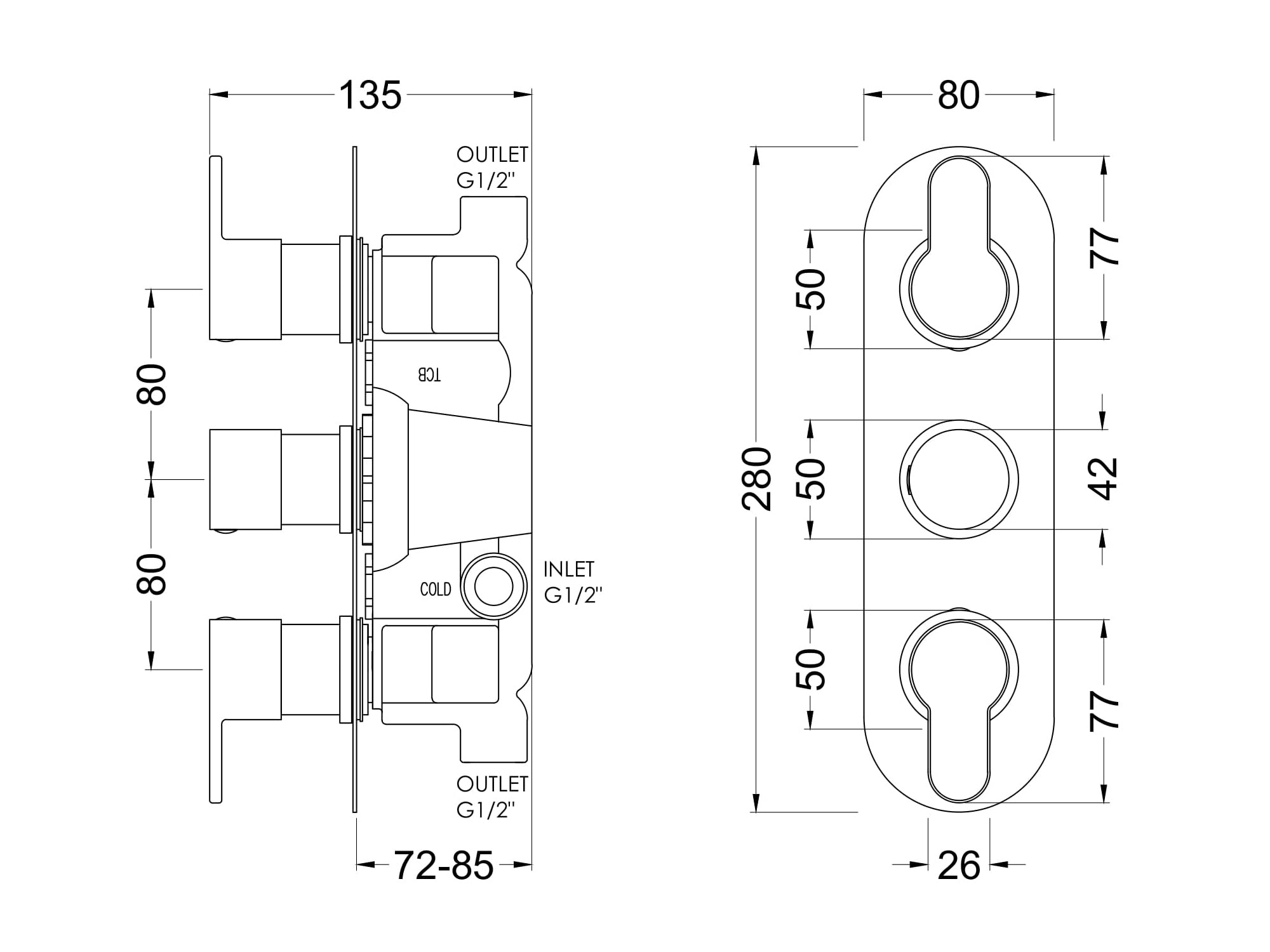 Nuie Arvan Triple Thermostatic Valve - Brushed Pewter