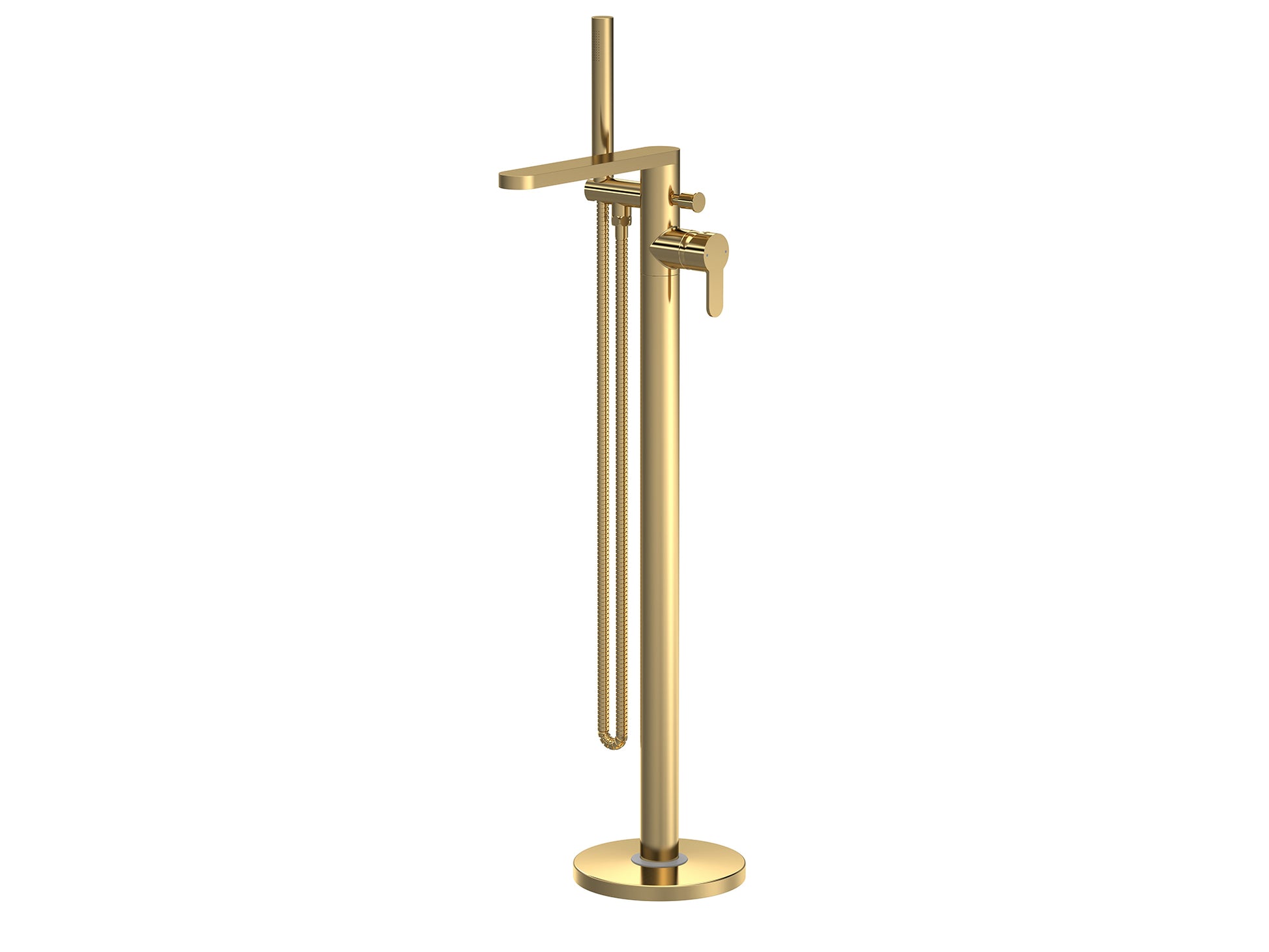 Arvan brushed brass freestanding bath mixer beside white tub