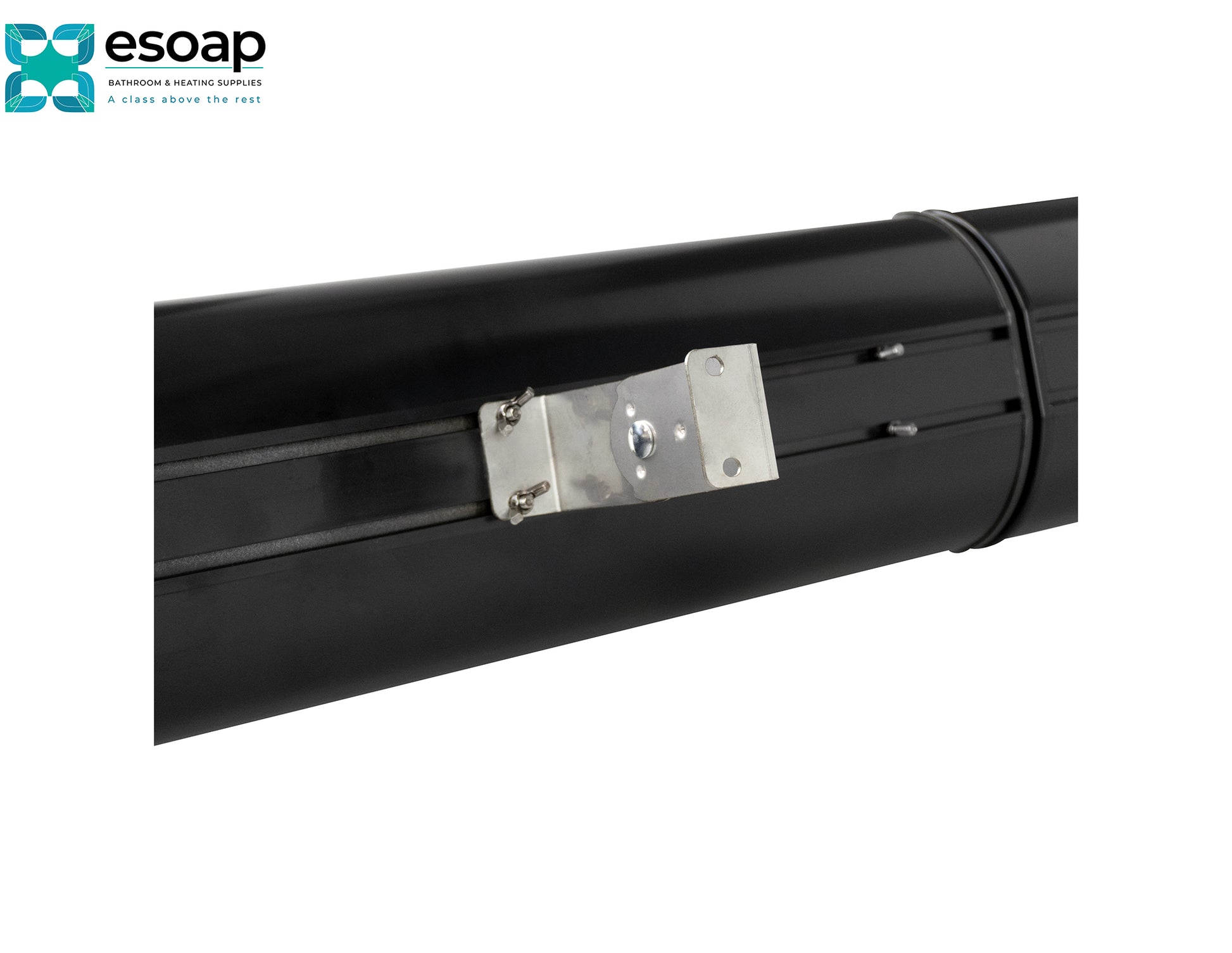 Back of 2.4kW Athena Wi-Fi Remote Controllable Infrared Bar Heater with a silver bracket on a white background, featuring the Esoap logo.