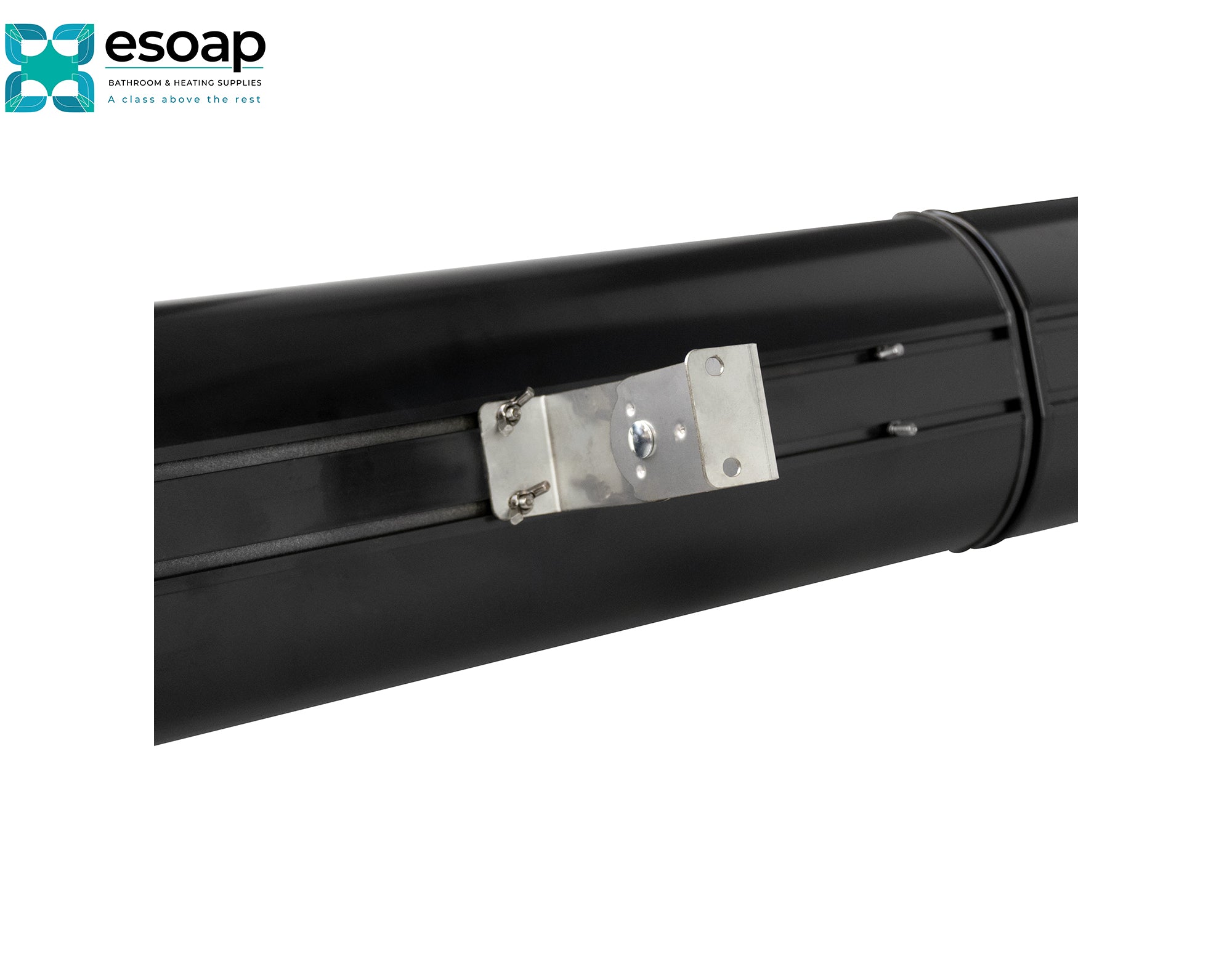 Back of 2.4kW Athena Wi-Fi Remote Controllable Infrared Bar Heater with a silver bracket on a white background, featuring the Esoap logo.