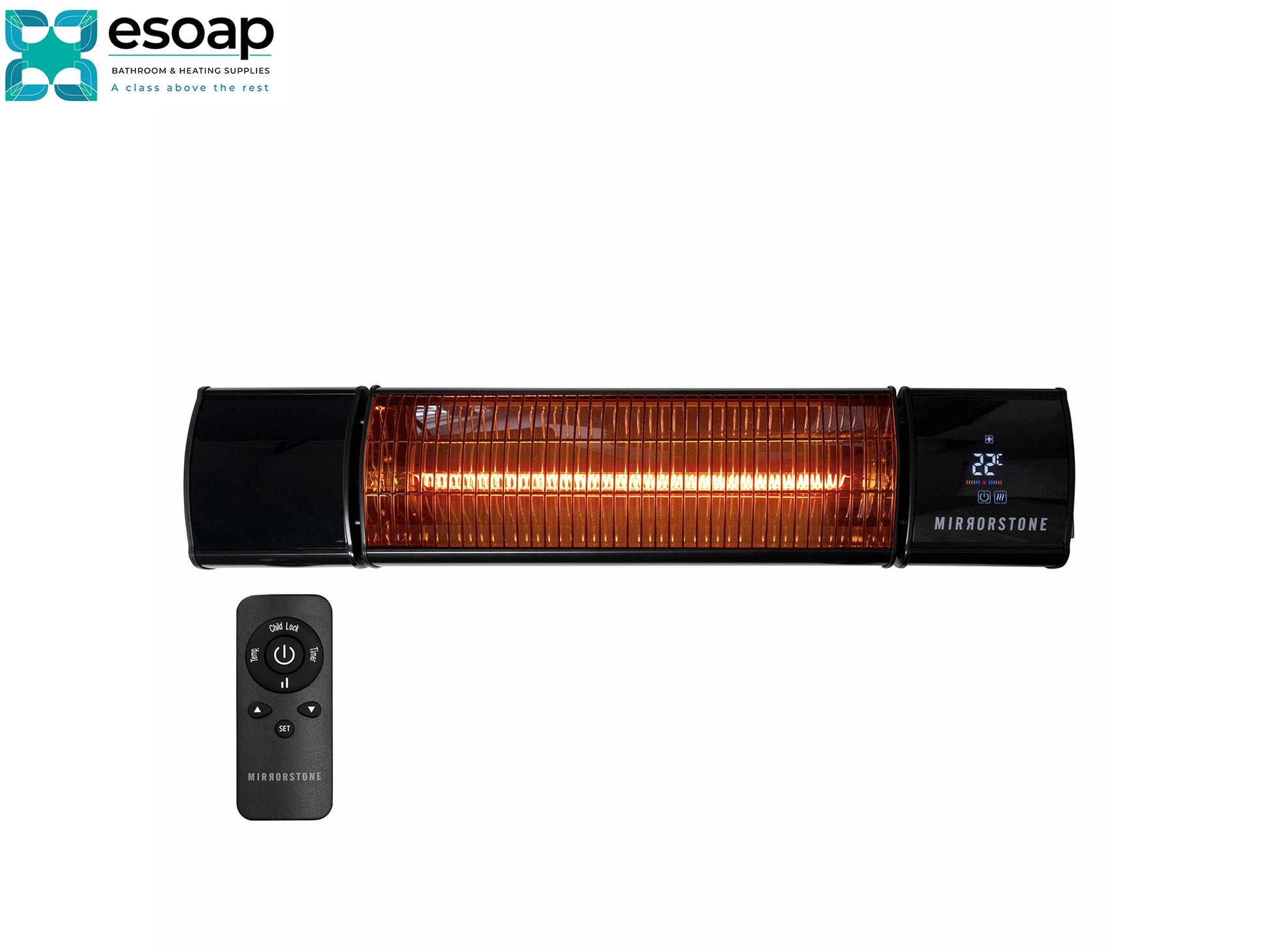 1.2kW Athena Wi-Fi Remote Controllable Infrared Bar Heater with remote control on a white background, featuring the Esoap brand.
