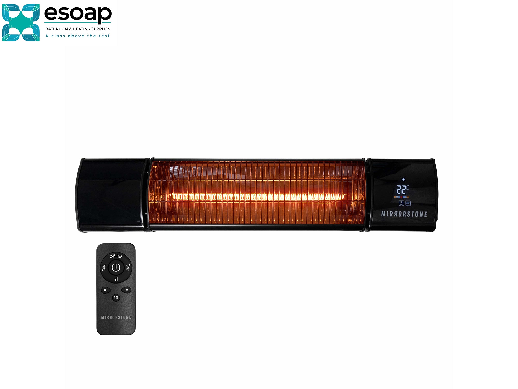 1.2kW Athena Wi-Fi Remote Controllable Infrared Bar Heater with remote control on a white background, featuring the Esoap brand.