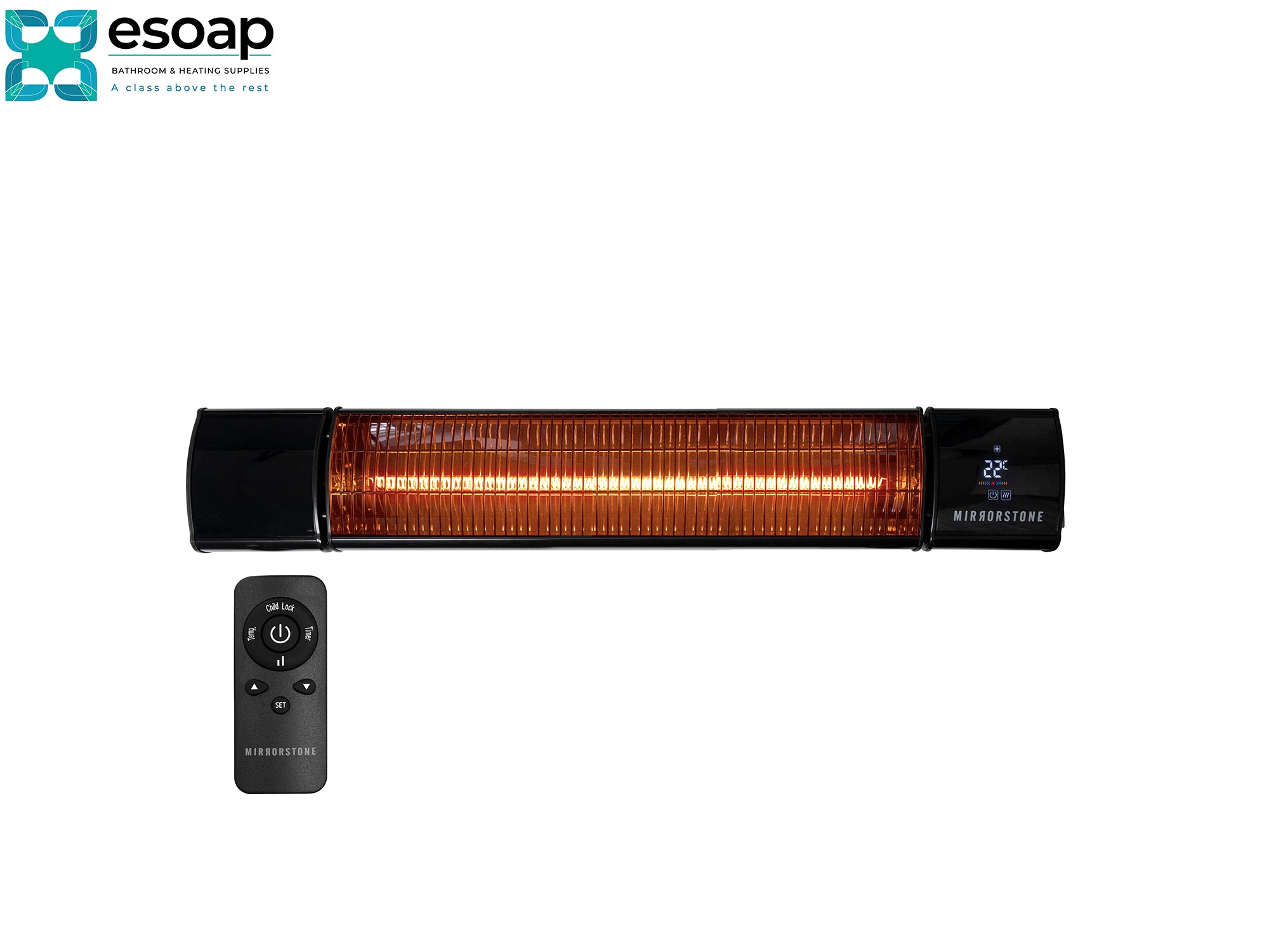 2.4kW Athena Wi-Fi Remote Controllable Infrared Bar Heater with remote control on a white background, featuring the Esoap brand.
