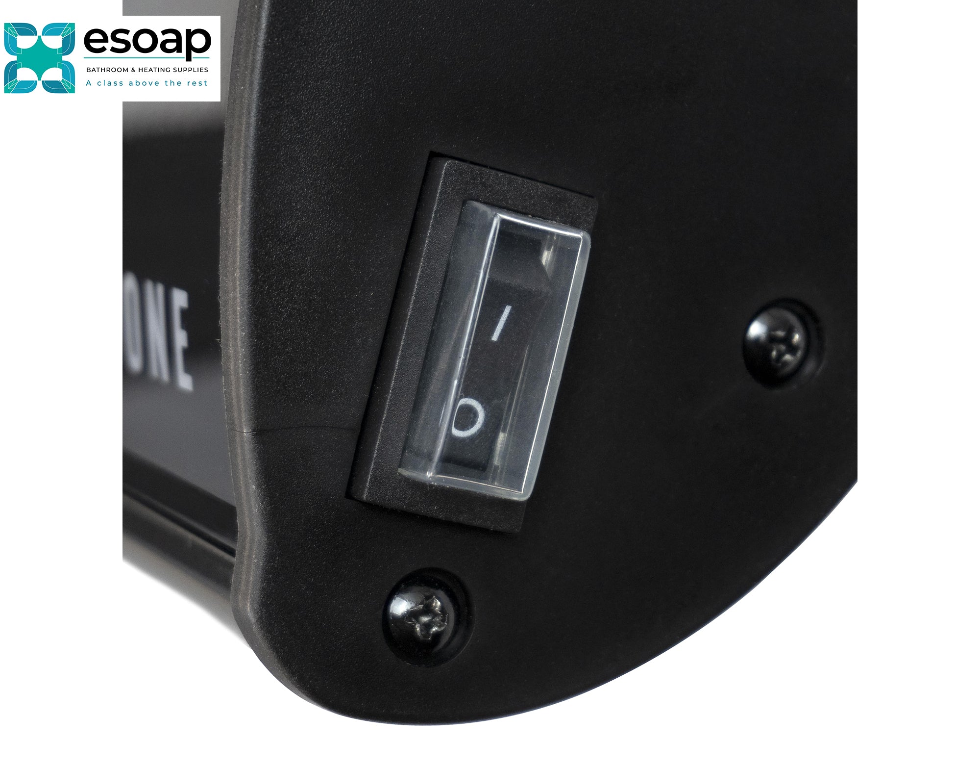 Close-up of a black switch with 'On' and 'Off' labels, featuring the Esoap logo for 1.2kW Athena Wi-Fi Remote Controllable Infrared Bar Heater