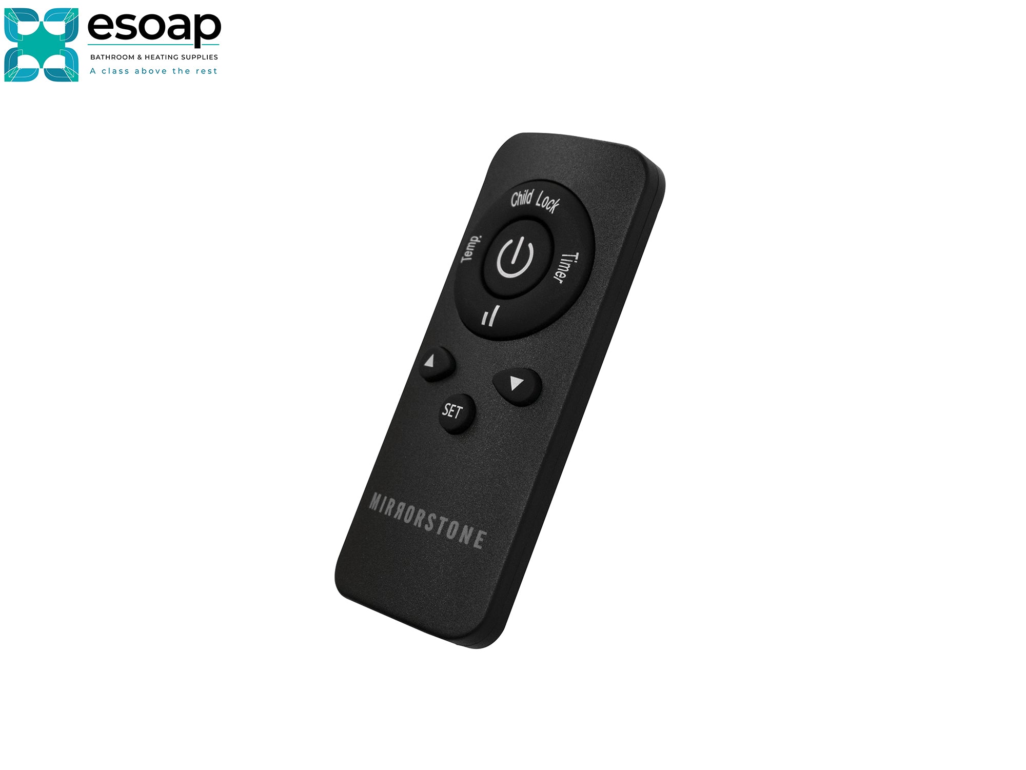 Black remote control with 'Mirrorstone' branding on a white background for 2.4kW Athena Wi-Fi Remote Controllable Infrared Bar Heater