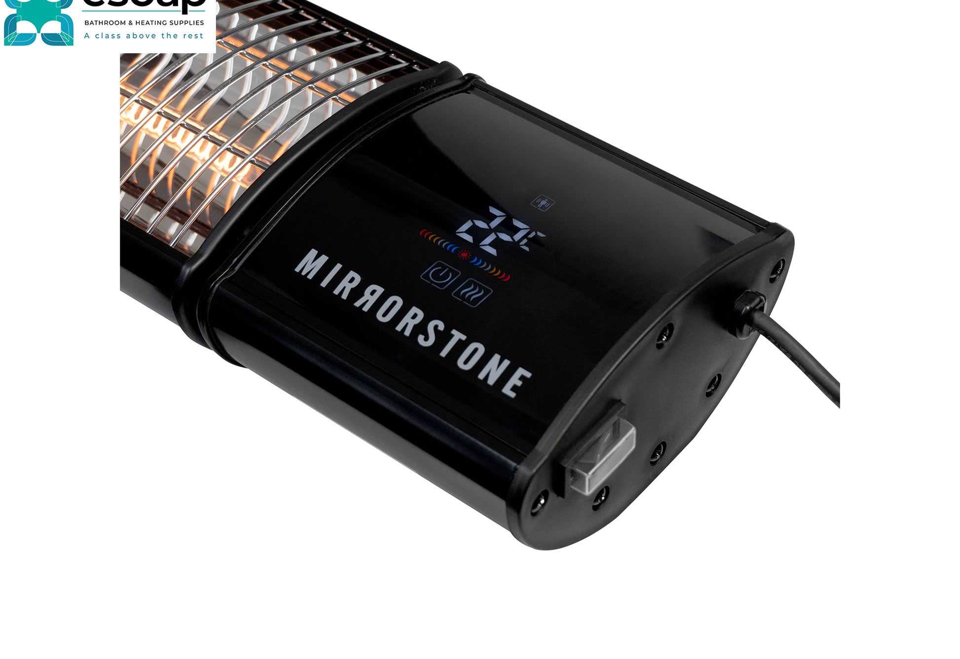1.2kW Athena Wi-Fi Remote Controllable Infrared Bar Heater with digital display and 'MIRRORSTONE' branding on a white background