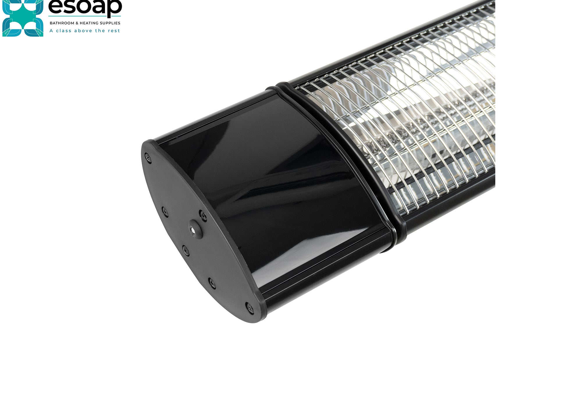Black outdoor heater 1.2kW Athena Infrared Bar Heater on a white background, featuring Esoap logo.