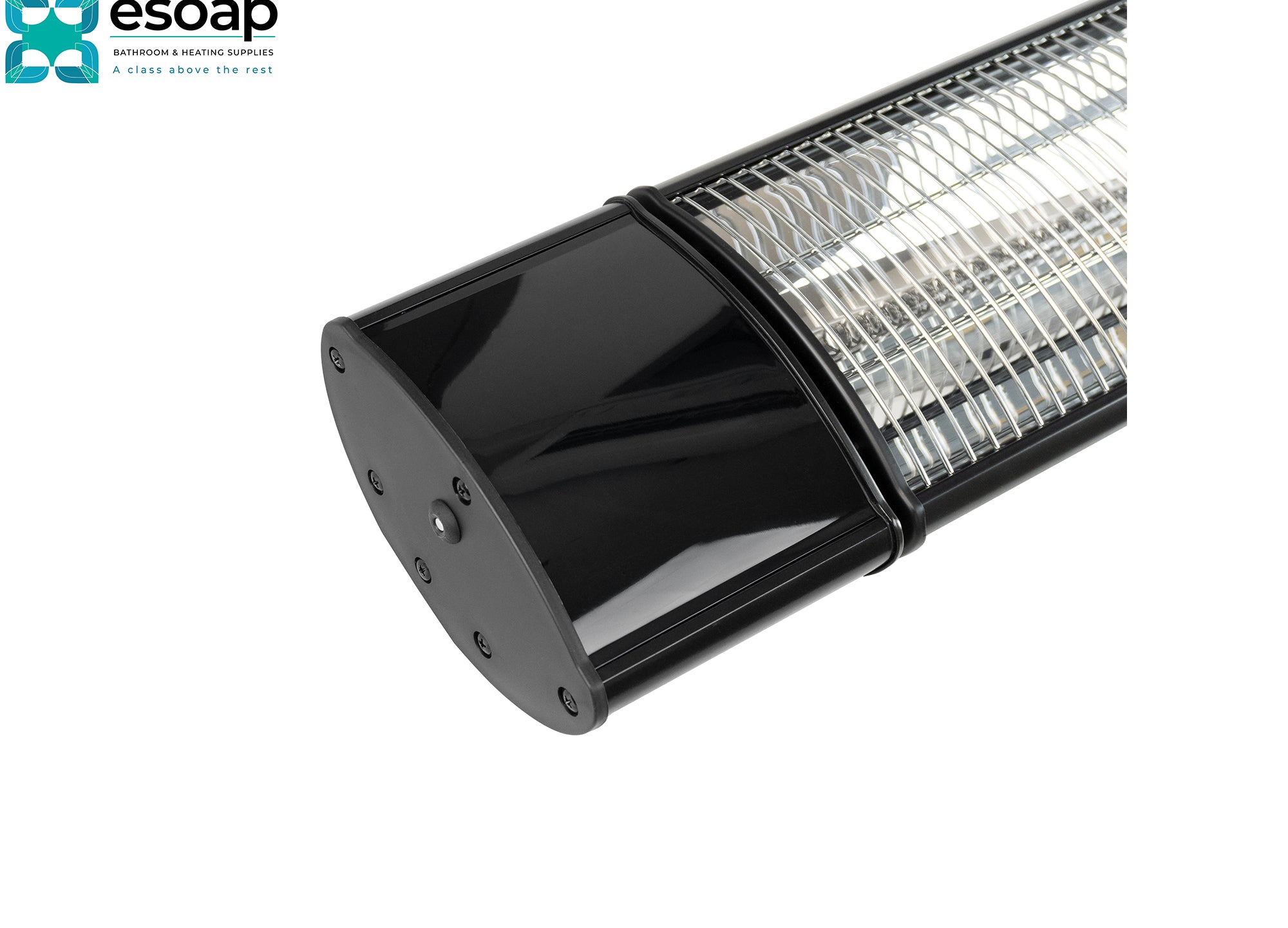 Black outdoor heater 1.2kW Athena Infrared Bar Heater on a white background, featuring Esoap logo.