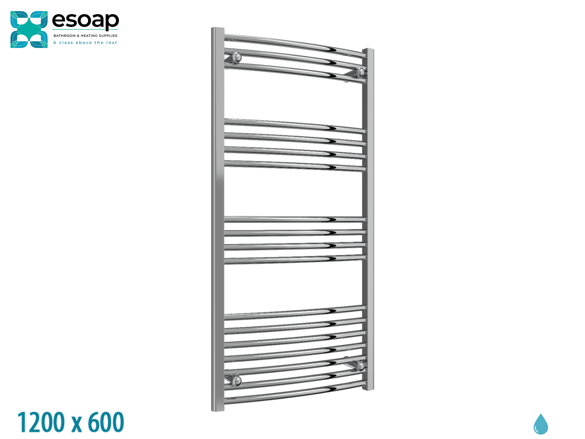 Capo Curved 1200 x 600 Chrome Towel Rail on a white background, featuring the Esoap brand.