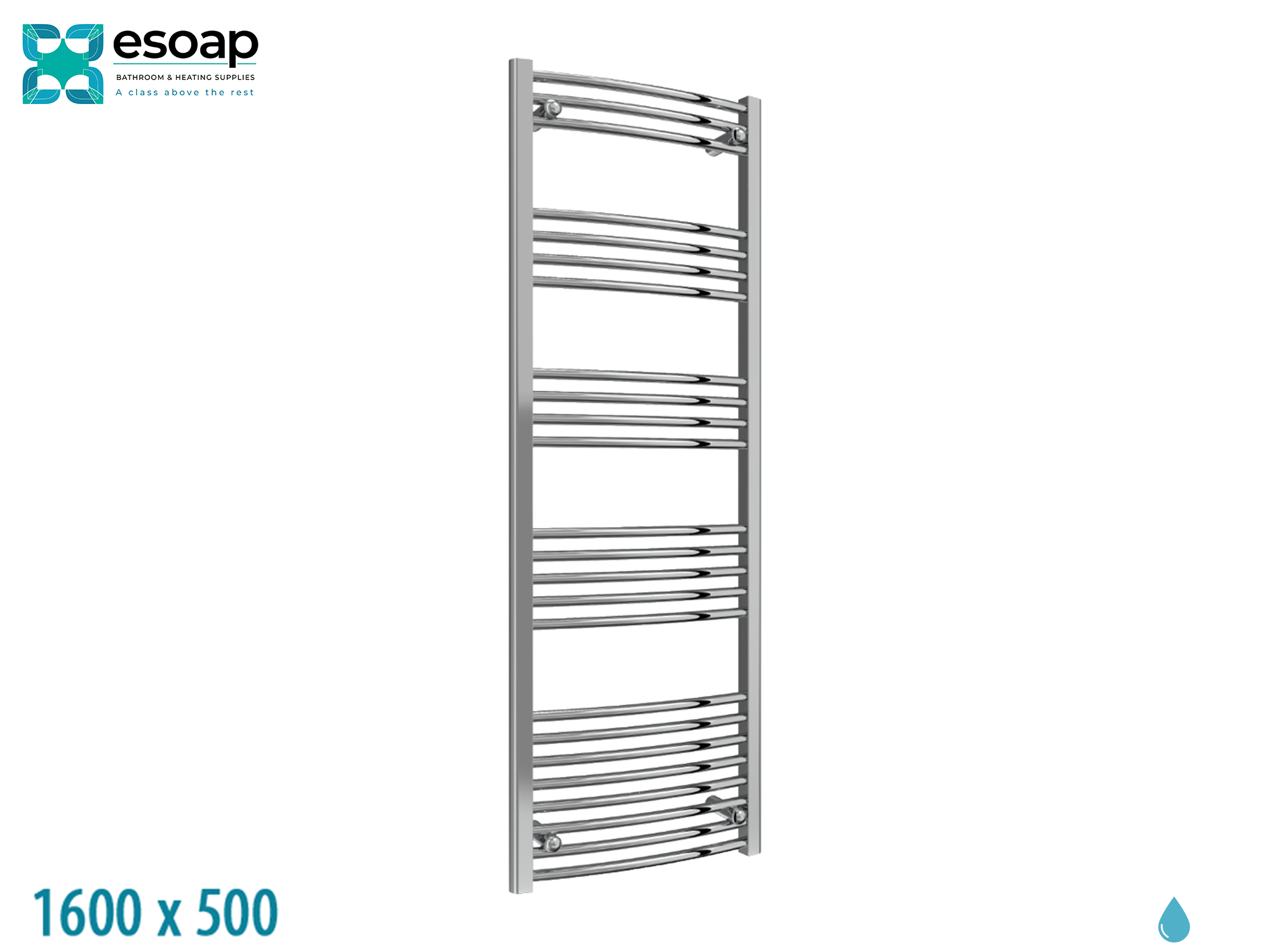  Capo Curved 1600 x 500 Chrome Towel Rail on a white background with Esoap branding.