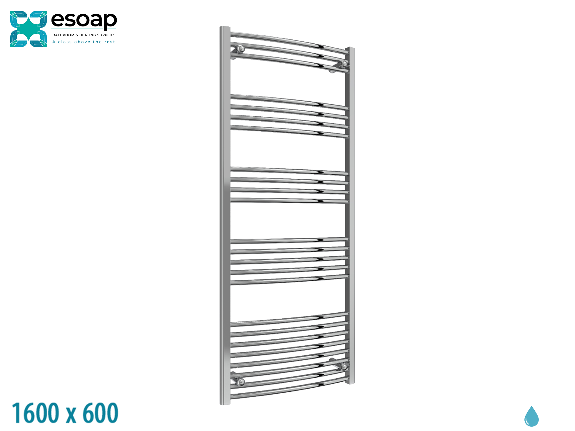  Capo Curved 1600 x 600 Chrome Towel Rail on a white background, featuring the Esoap brand.