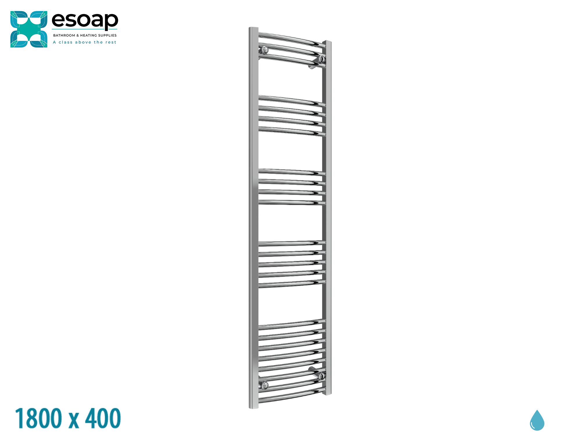 Capo Curved 1800 x 400 Chrome Towel Rail on a white background, featuring the Esoap logo.