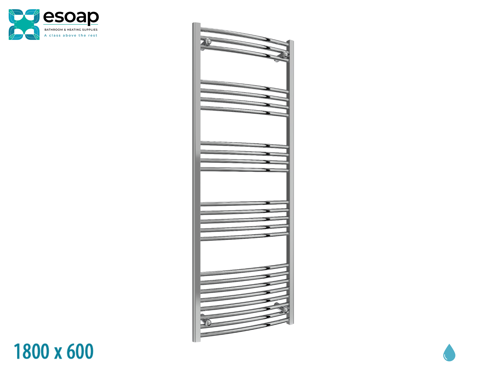 Capo Curved 1800 x 600 Chrome Towel Rail on a white background with Esoap branding.