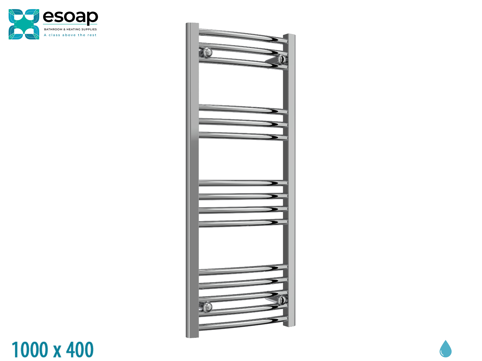 Capo Curved 1000 x 400 Chrome Towel Rail on a white background with Esoap branding.