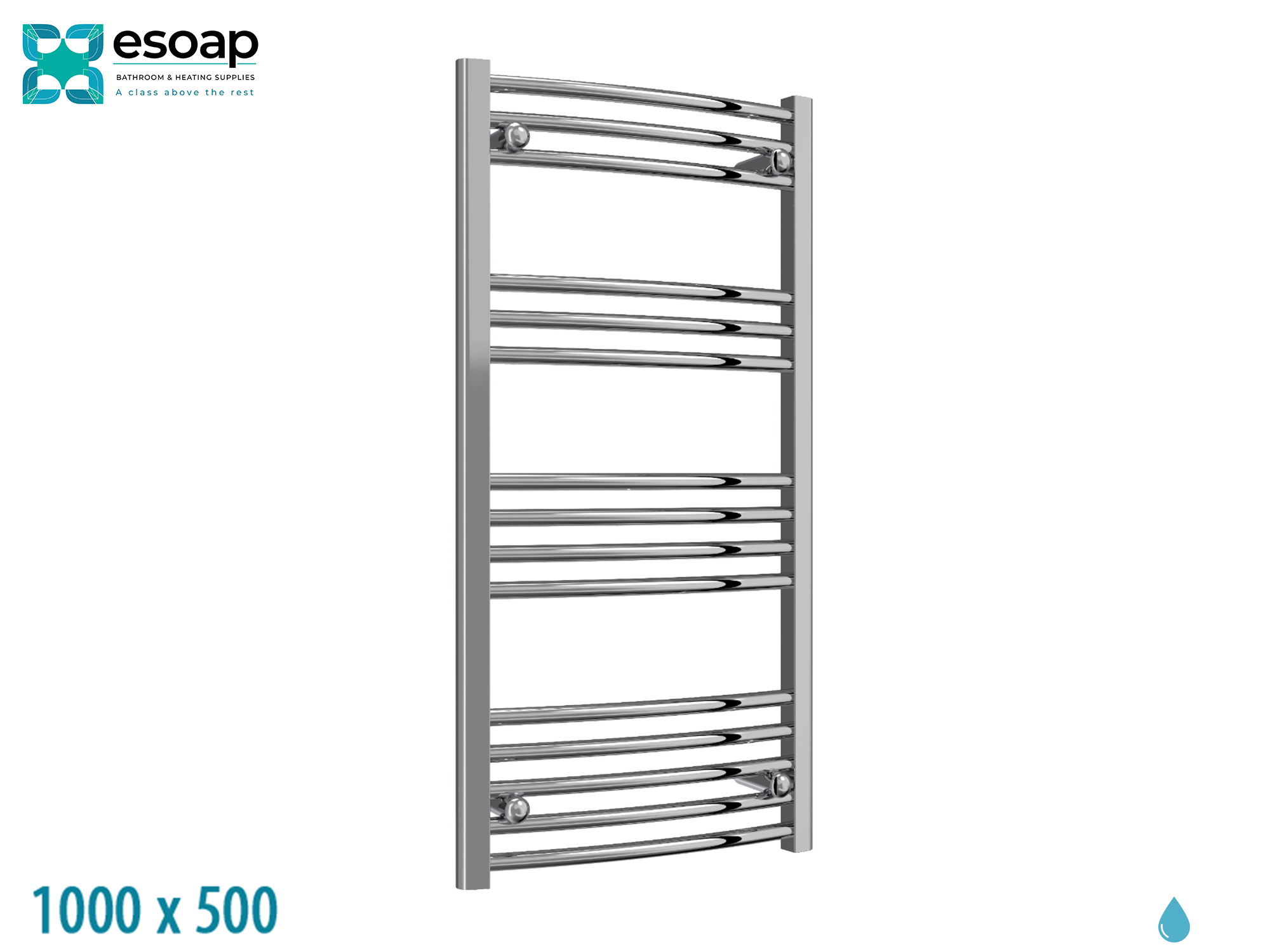 Capo Curved 1000 x 500 Chrome Towel Rail with 'esoap' branding on a white background