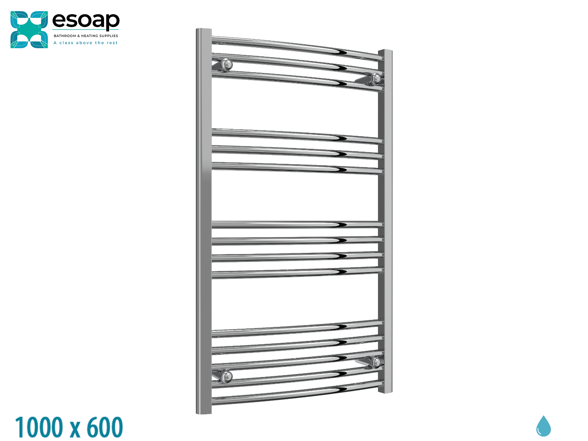 Capo Curved 1000 x 600 Chrome Towel Rail on a white background with Esoap branding.