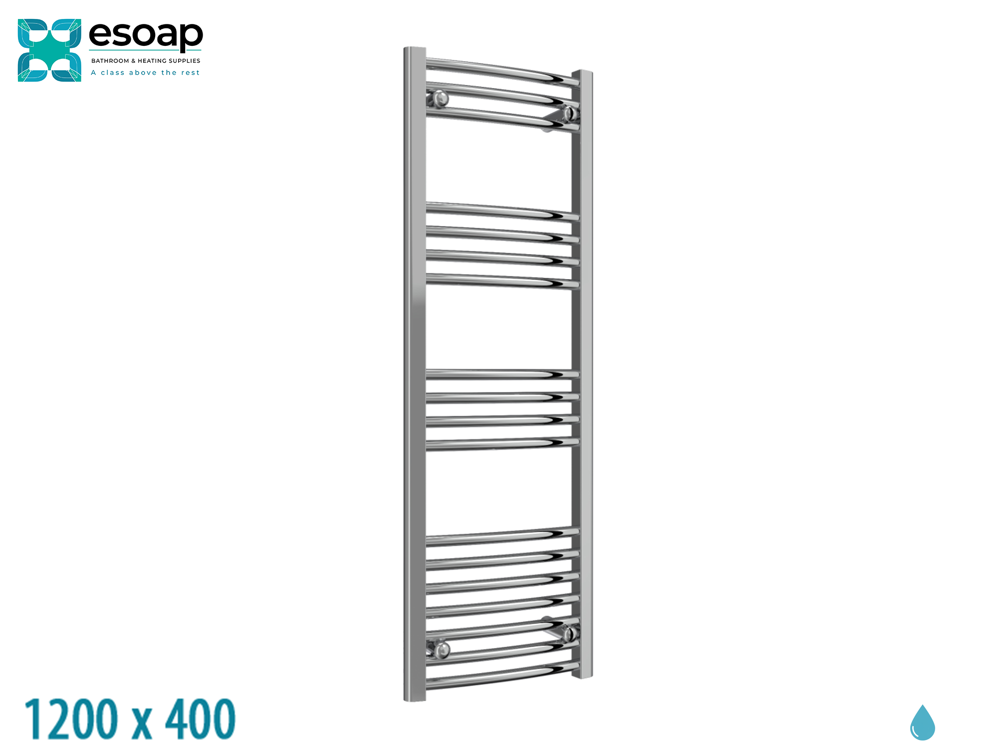 Capo Curved 1200 x 400 Chrome Towel Rail on a white background, featuring the Esoap brand.