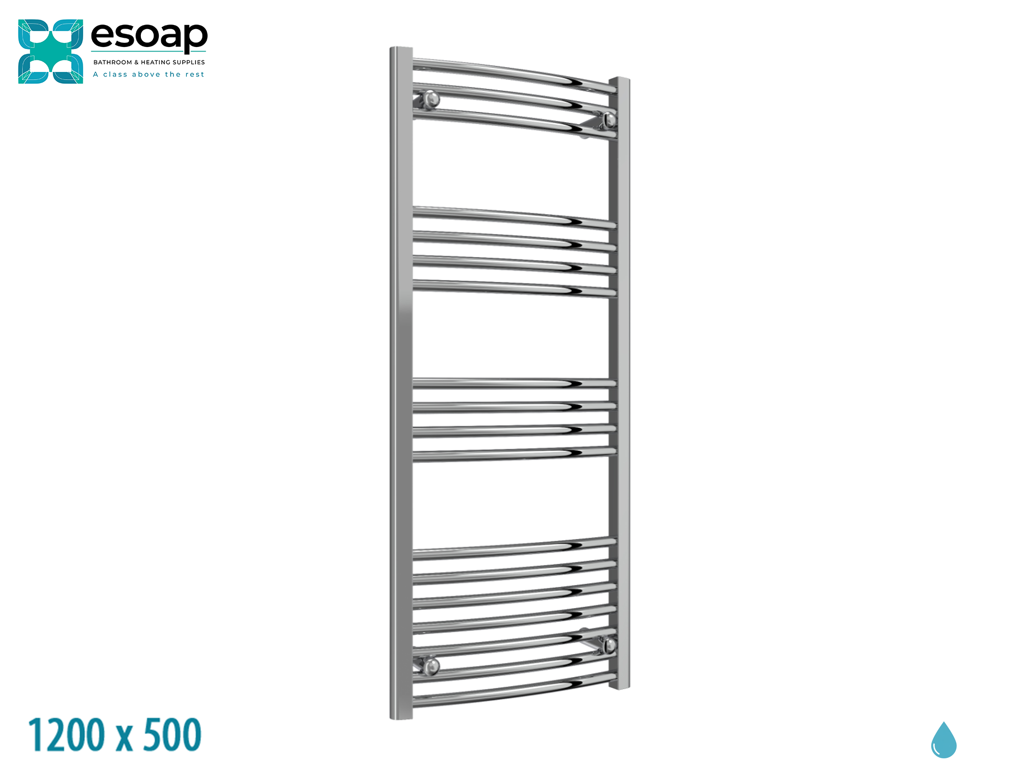 Capo Curved 1200 x 500 Chrome Towel Rail with 'esoap' branding on a white background