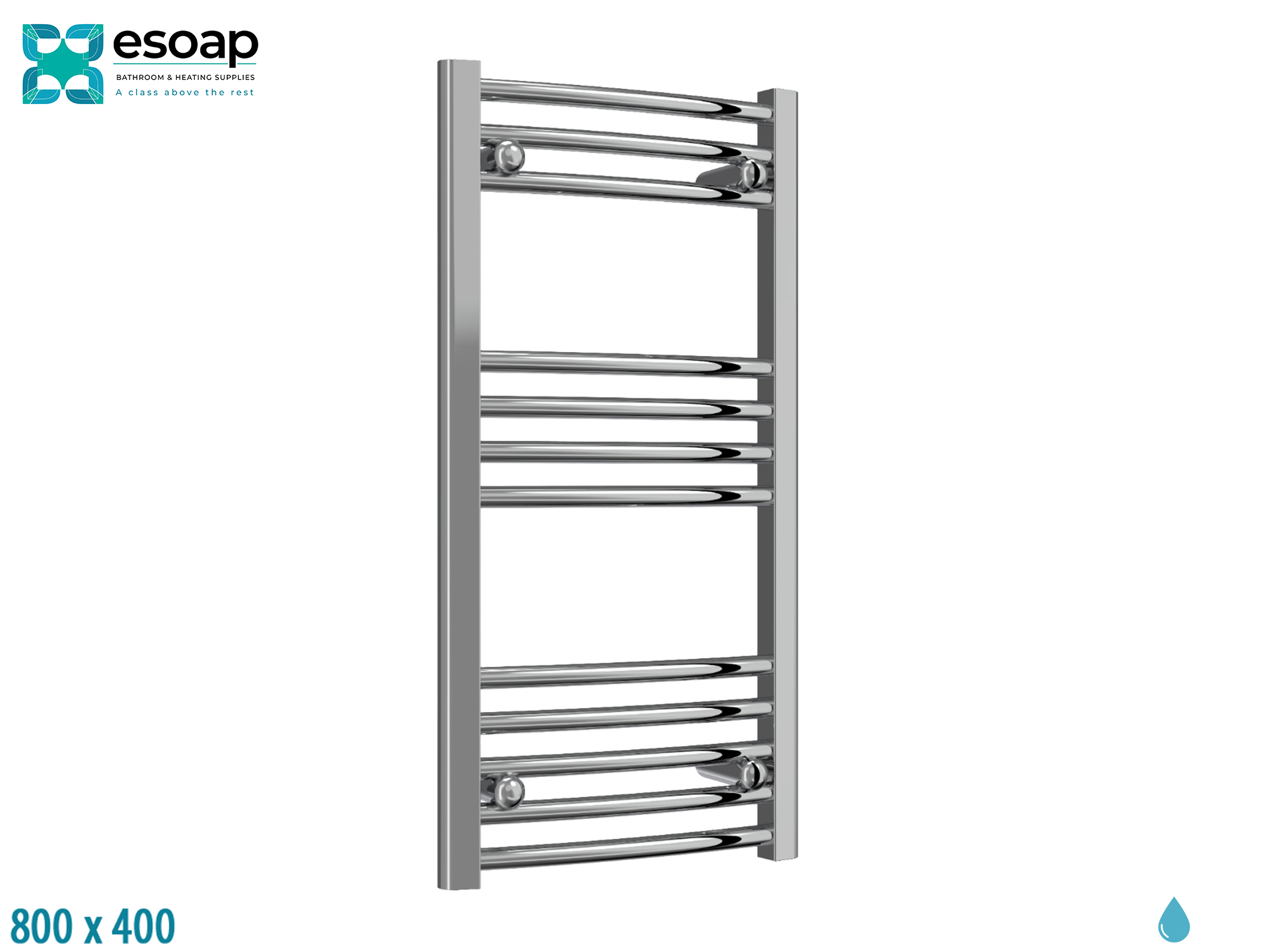 Capo Curved 800 x 400 Chrome Towel Rail on a white background with Esoap branding.