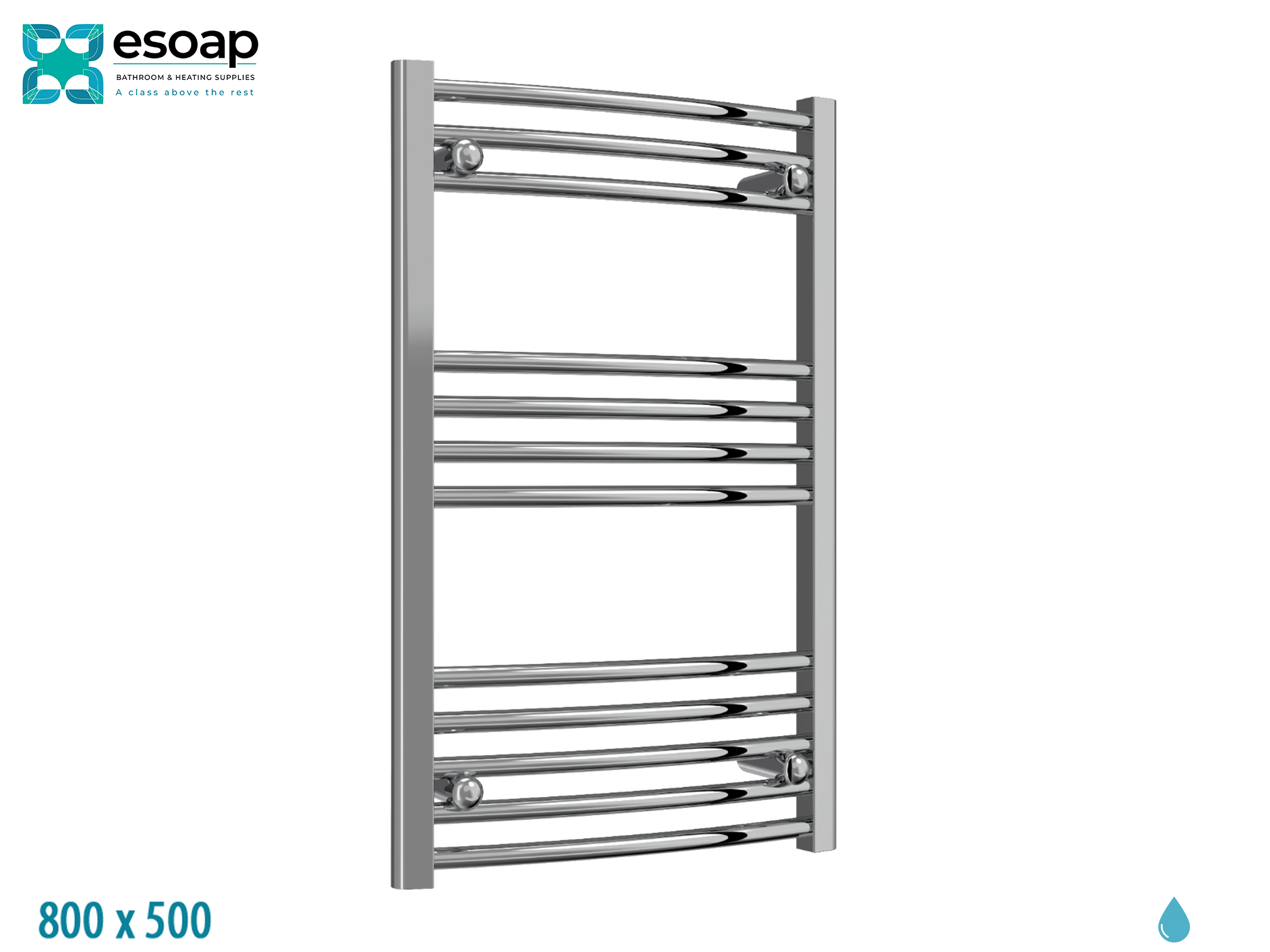 Capo Curved 800 x 500 Chrome Towel Rail on a white background with Esoap branding.