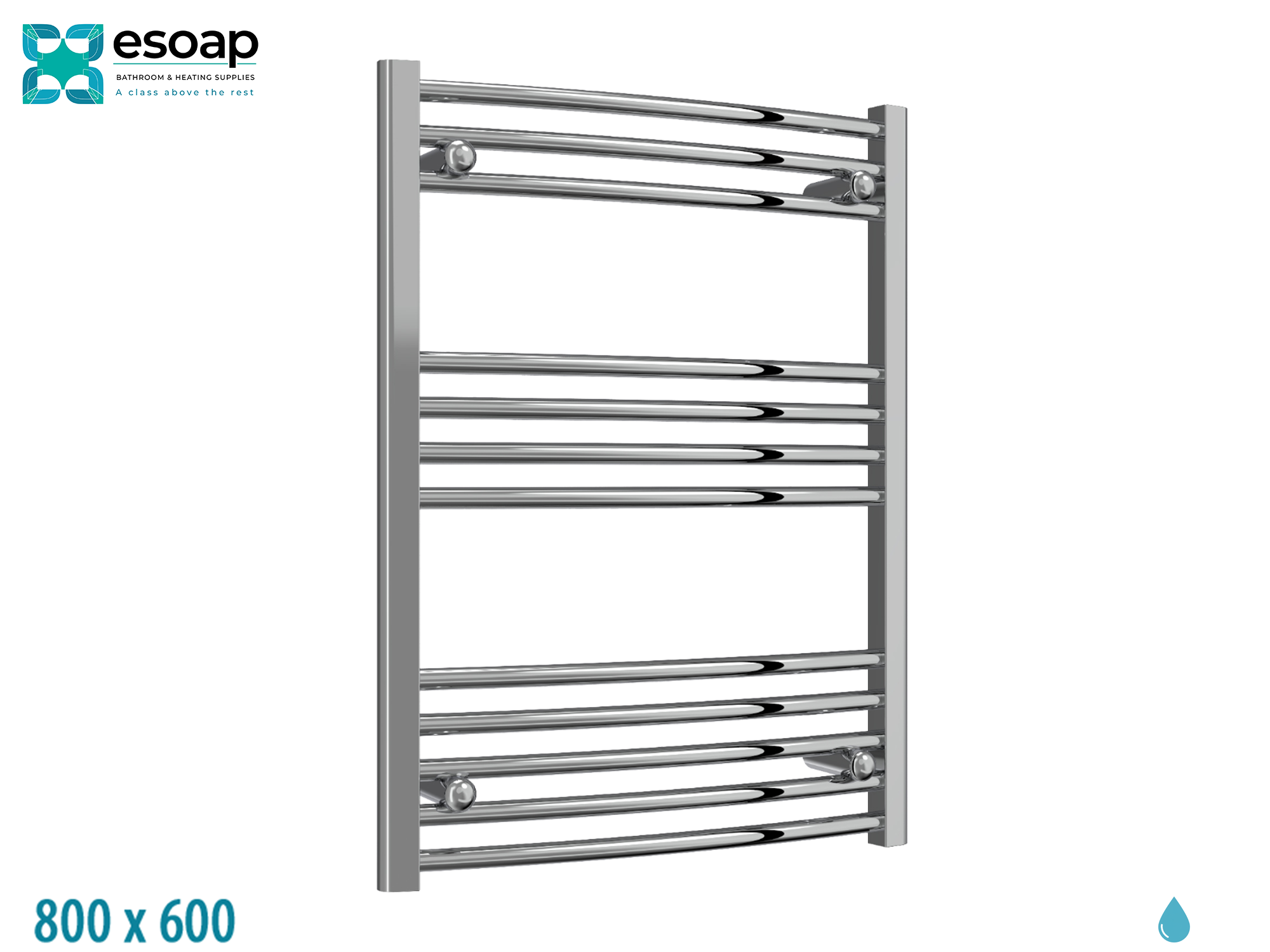 Capo Curved 800 x 600 Chrome Towel Rail with esoap branding on a white background