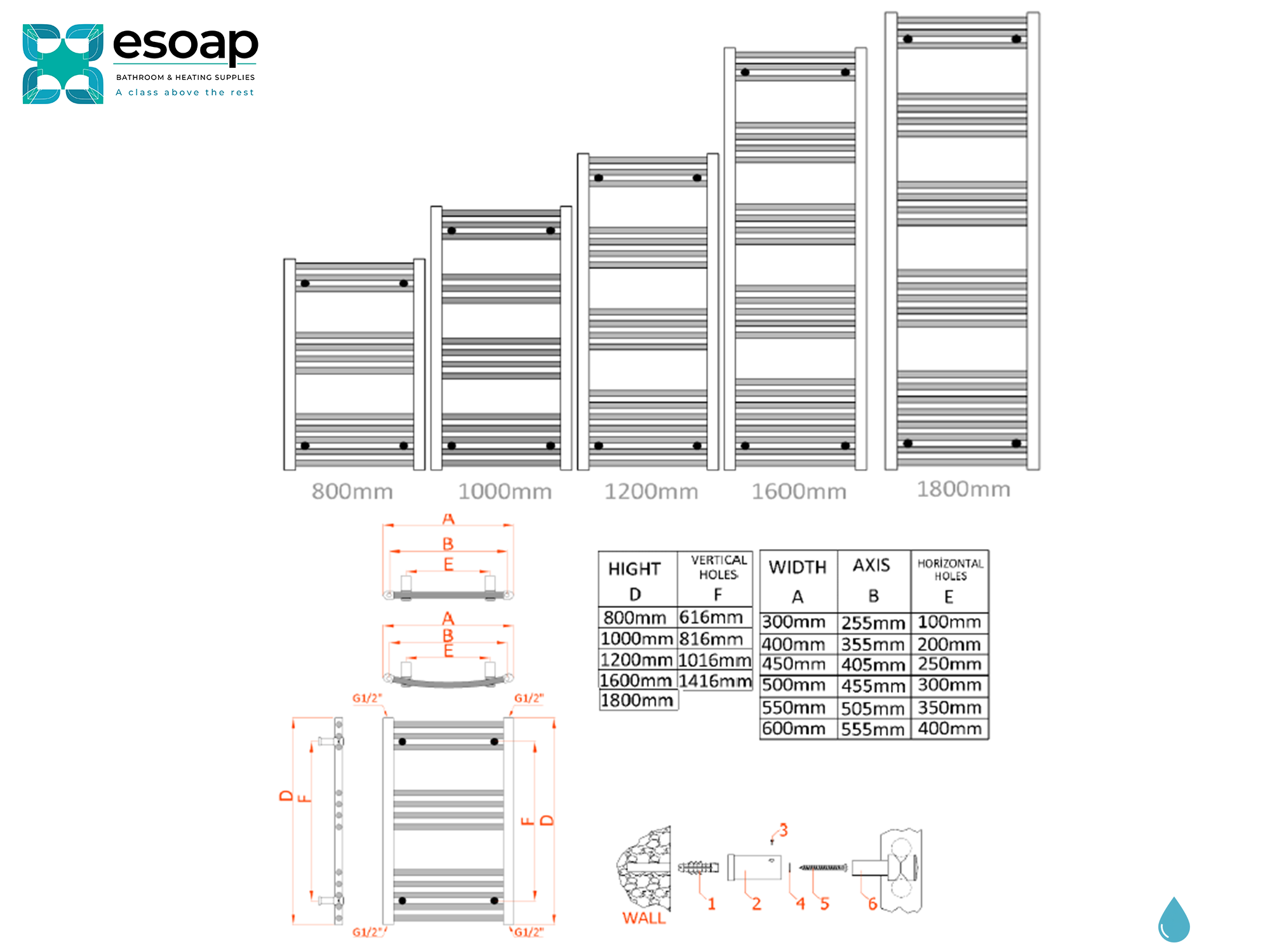 Capo Curved Chrome Towel Rail dimensions chart with Esoap logo on a white background