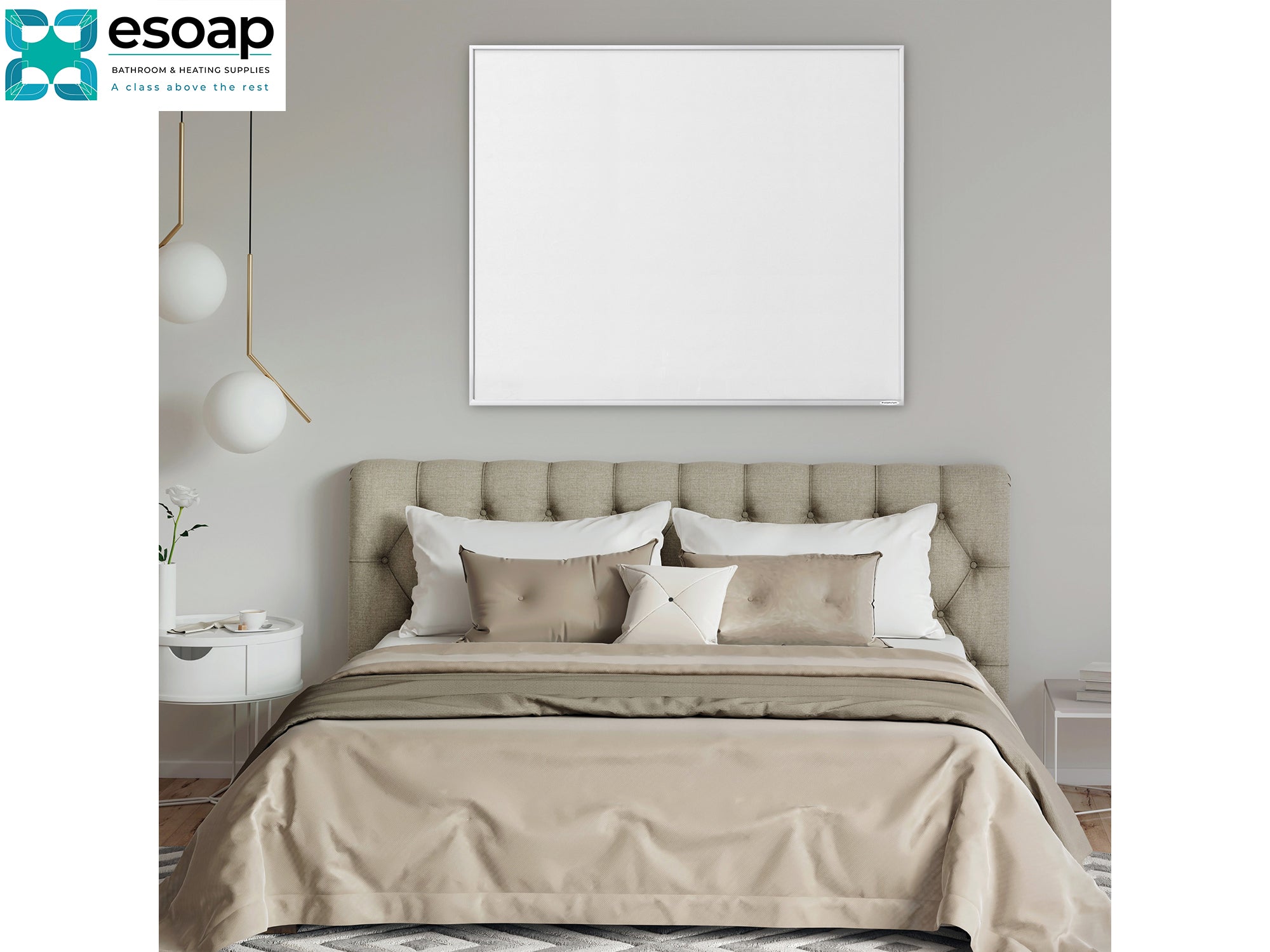 1200W Classic Infrared Heating Panel Black on wall in beautiful bedroom  - Esoap