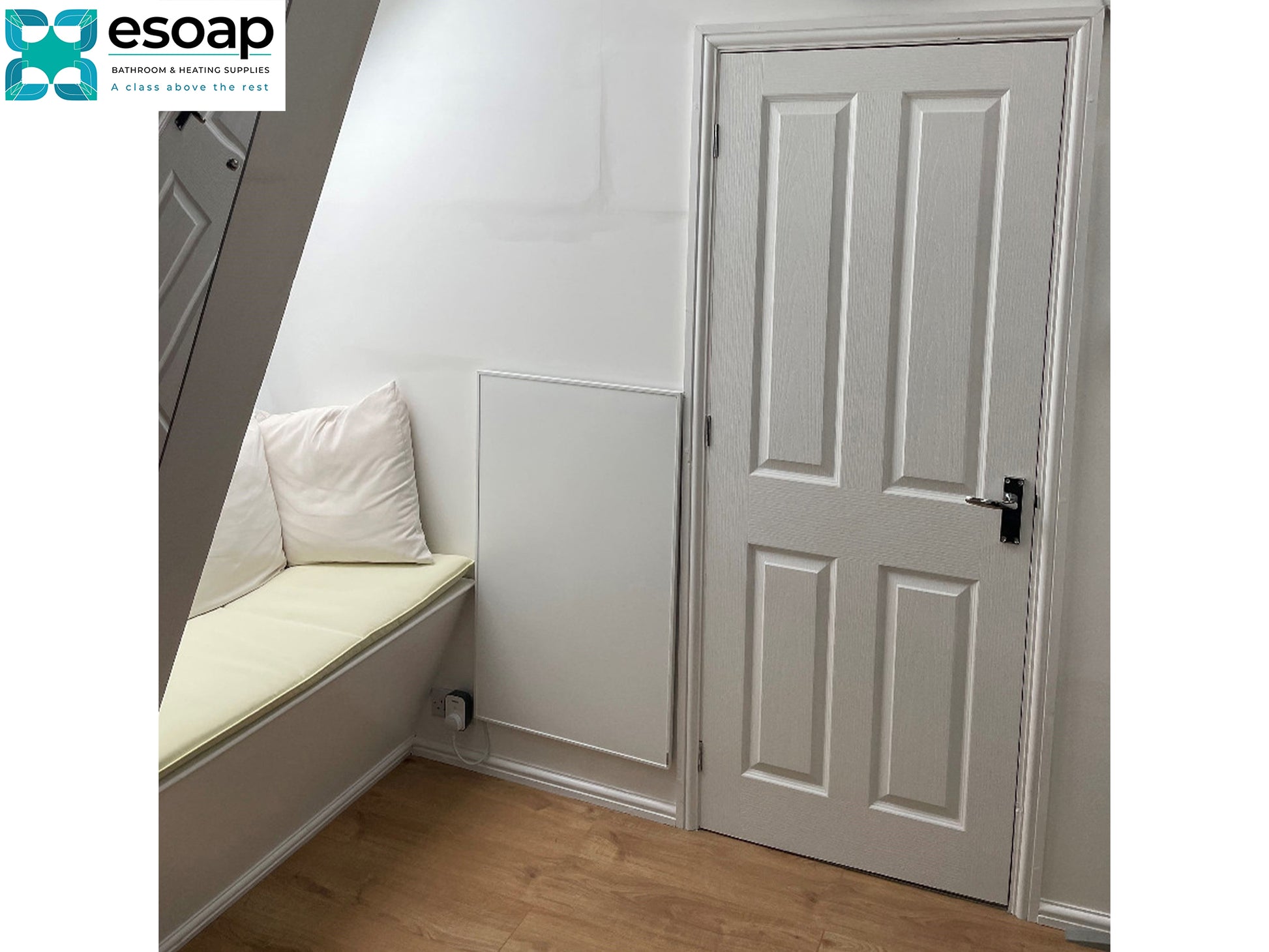 700W Classic Infrared Heating Panel White on wall with door at loft room - Esoap