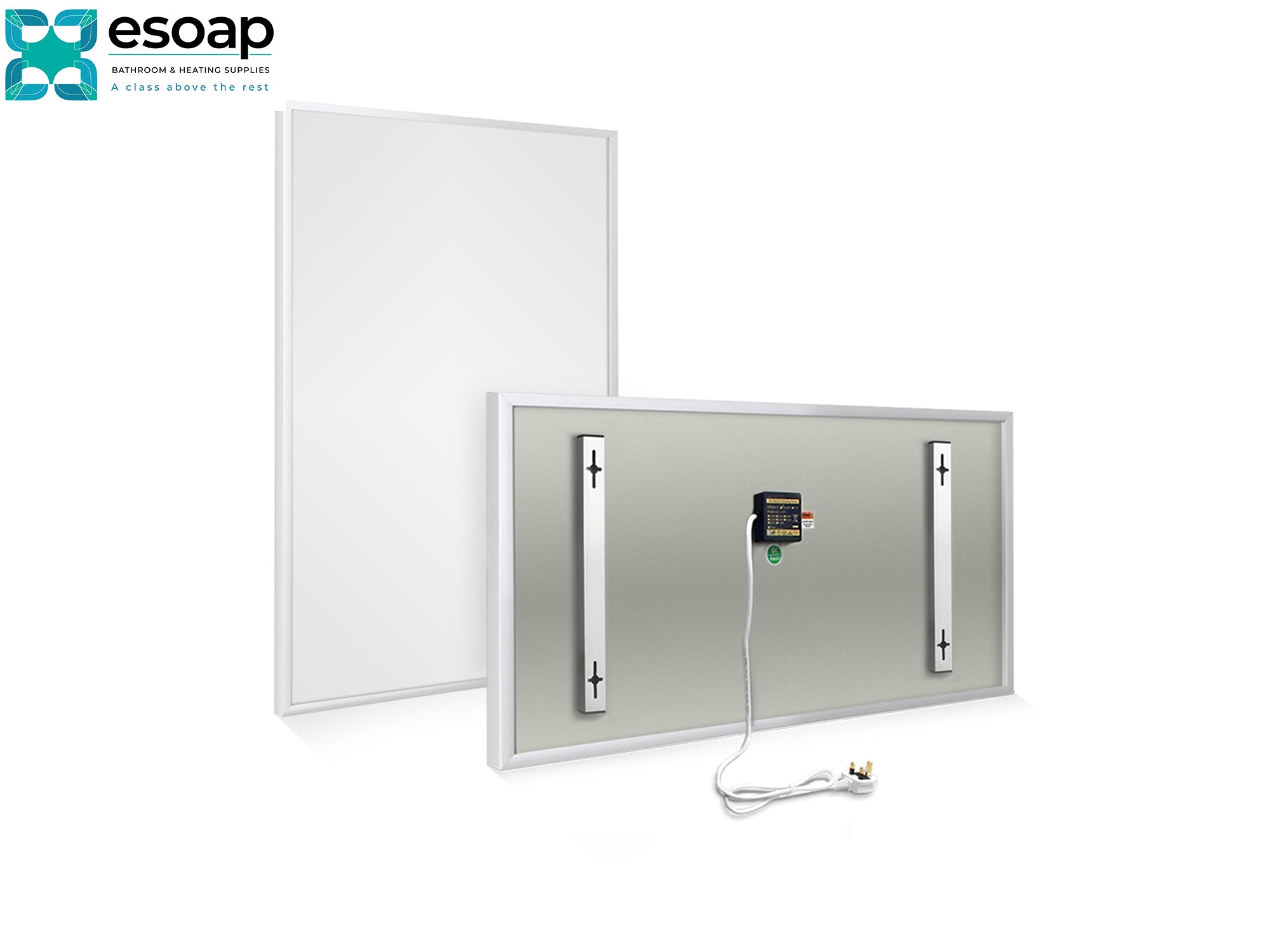 Front & Back of 700W Classic Infrared Heating Panel Black and a control panel on a white background, featuring the Esoap brand.