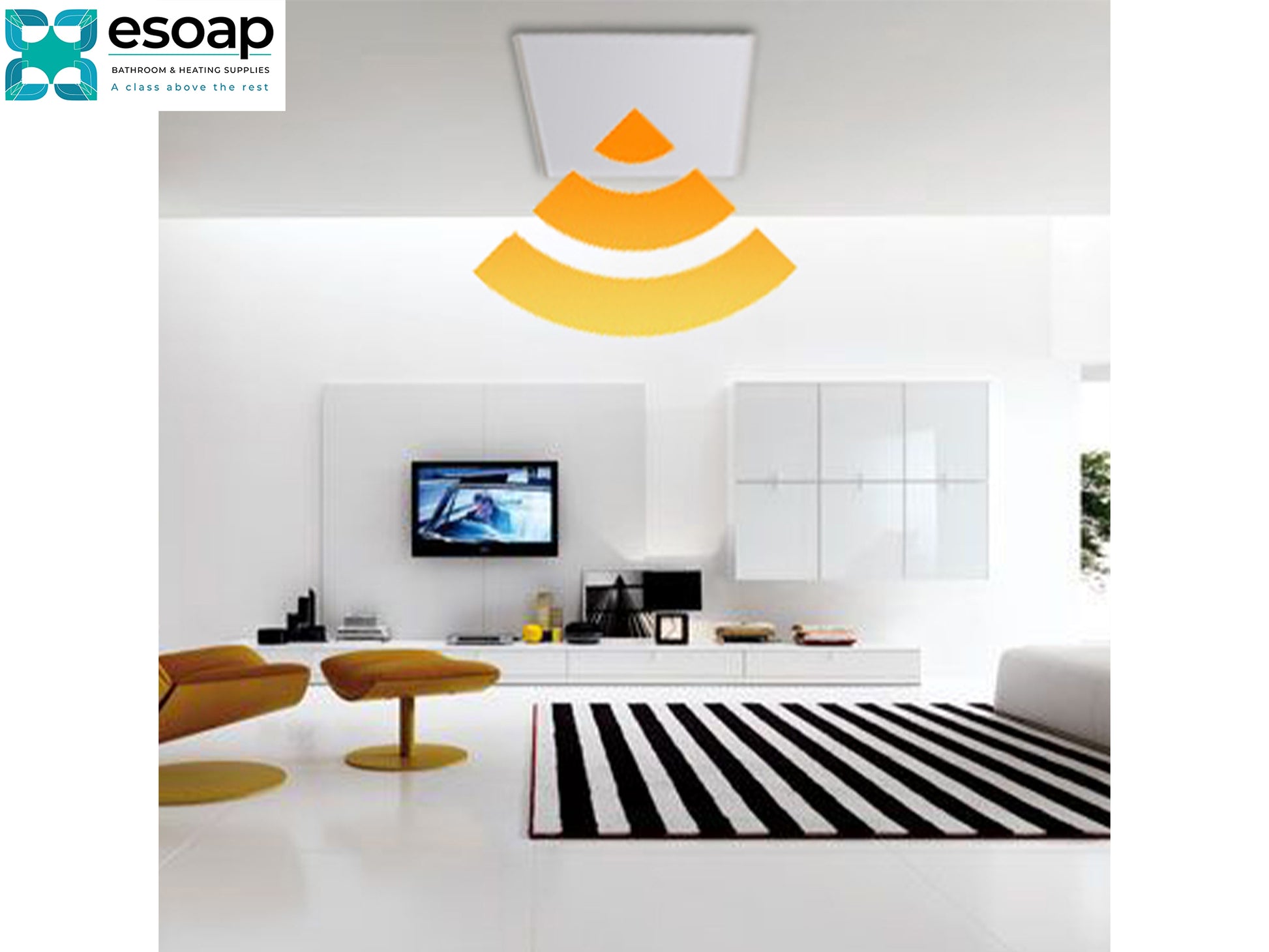 Modern living room with a TV and decorative elements, featuring the Esoap logo with wifi for 700W Classic Infrared Heating Panel Black