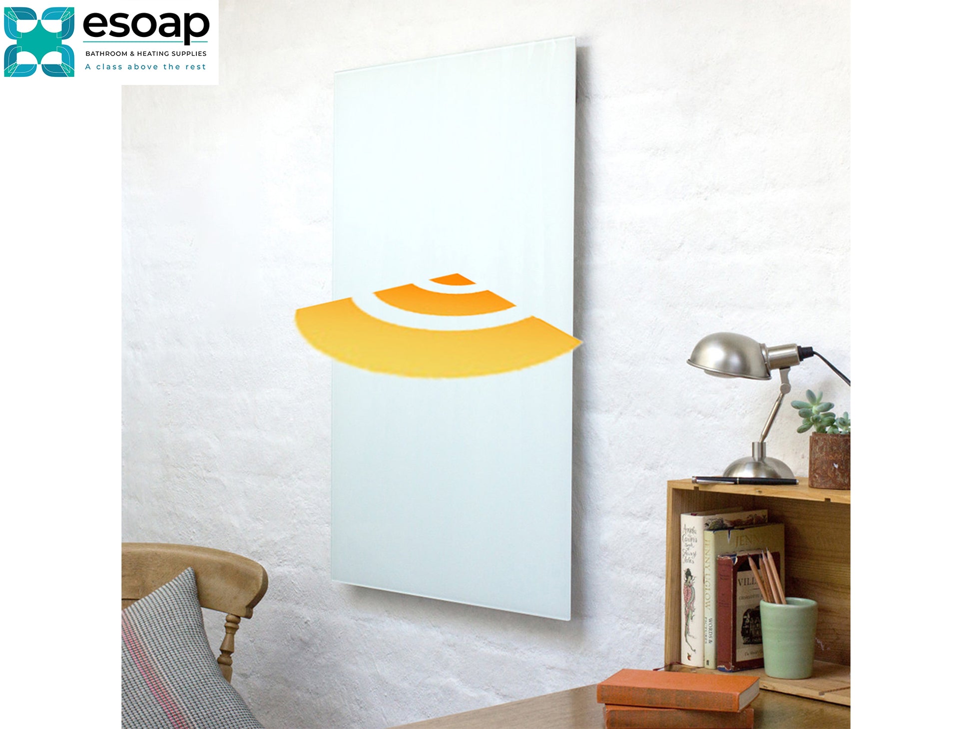 Modern wall-mounted 700W Classic Infrared Heating Panel Black with a decorative design in a room setting.