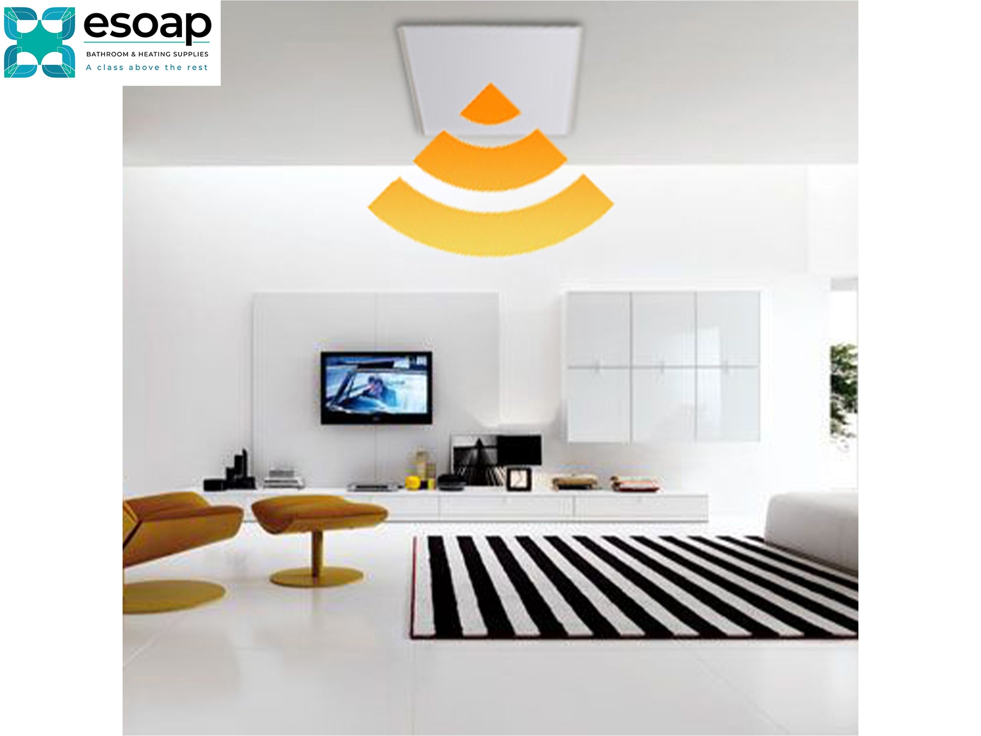 900W Classic Infrared Heating Panel Black in big hall on ceiling showing wi-fi signals - Esoap