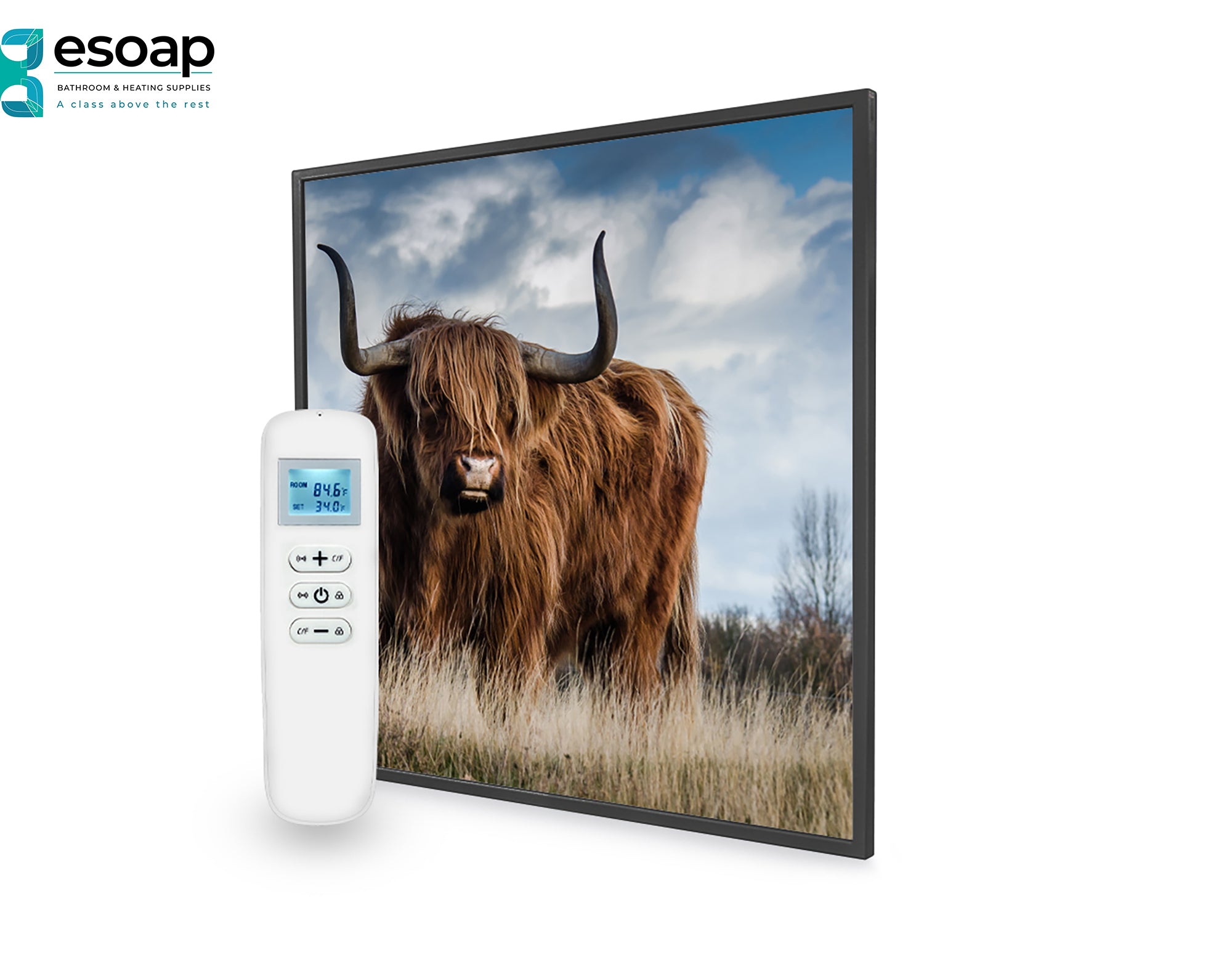 Digital photo frame displaying a highland cow with a remote control on a white background for 350W Nexus Wi-Fi Image Infrared Heating Panel