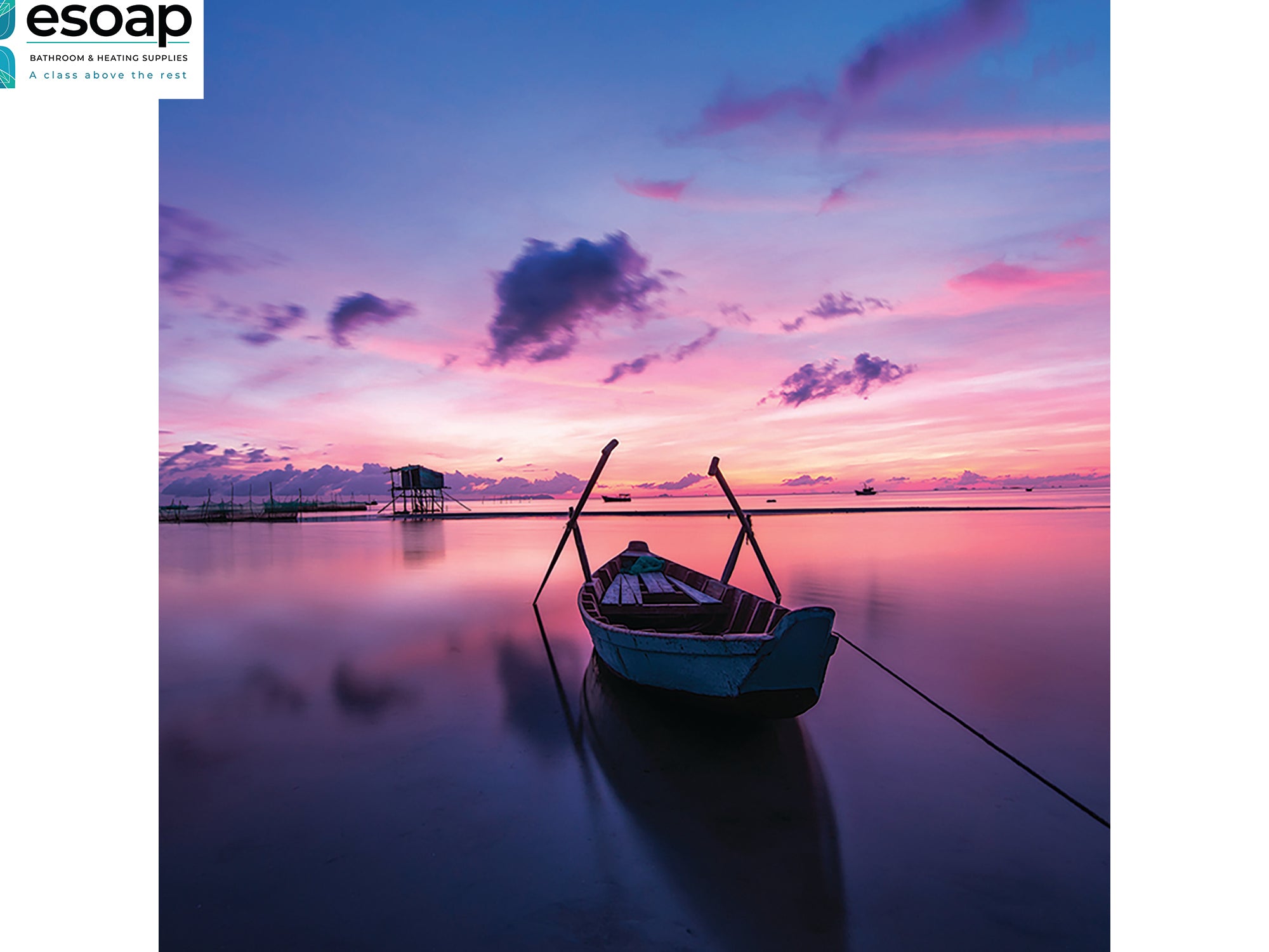 Boat on a calm lake at sunset with a colorful sky, featuring the eSOAP logo for 900W Nexus Wi-Fi Image Infrared Heating Panel