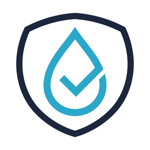 Mono basin taps Shield icon with a blue water droplet and checkmark on a white background