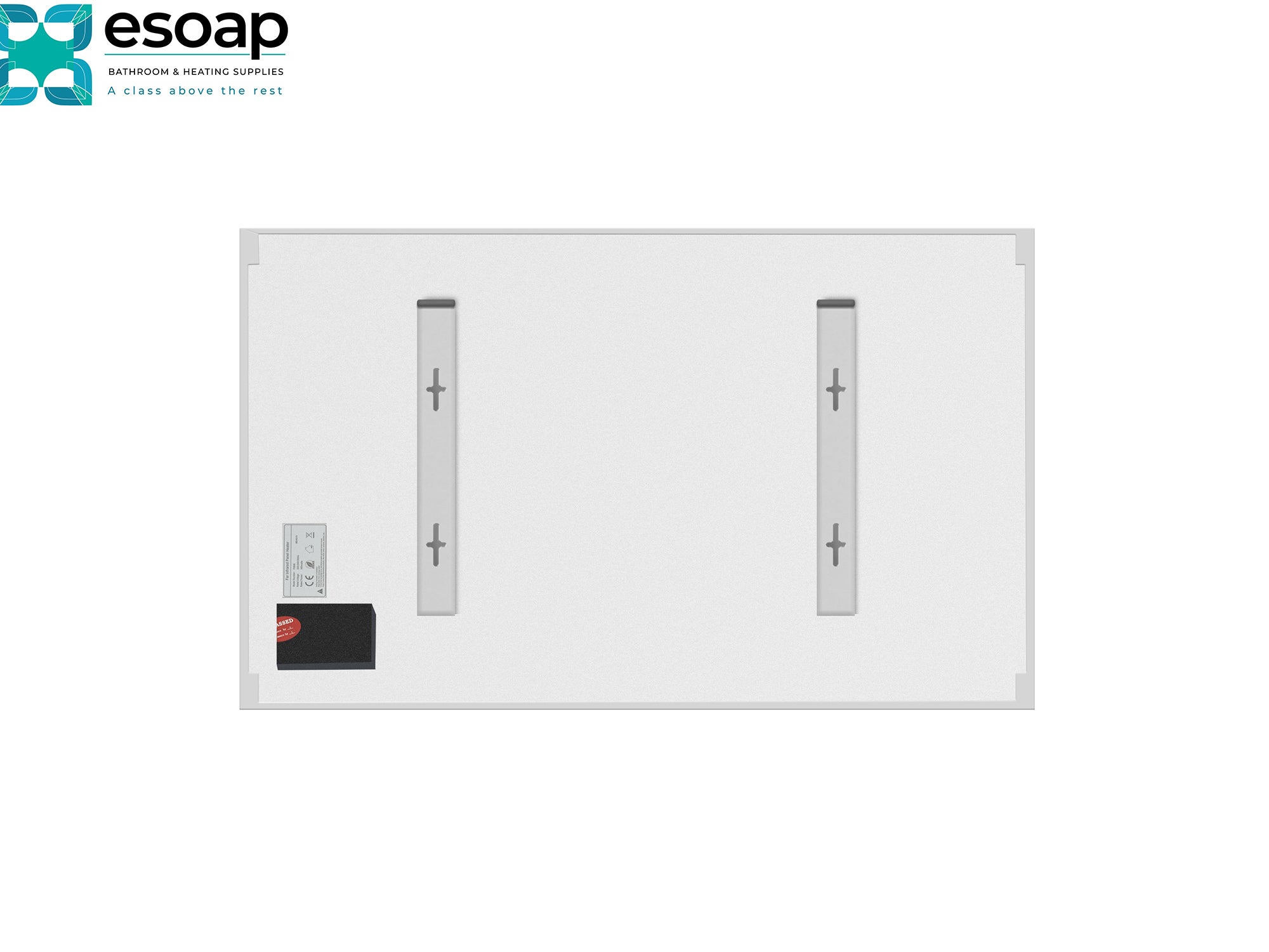 Back of 580W Premium Frameless Infrared Heating Panel, featuring the Esoap logo.