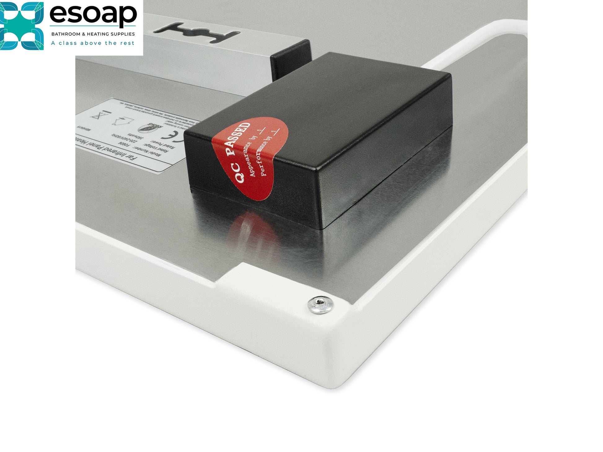 Black electronic device with a red label on a metallic surface, featuring the Esoap logo for 580W Premium Frameless Infrared Heating Panel