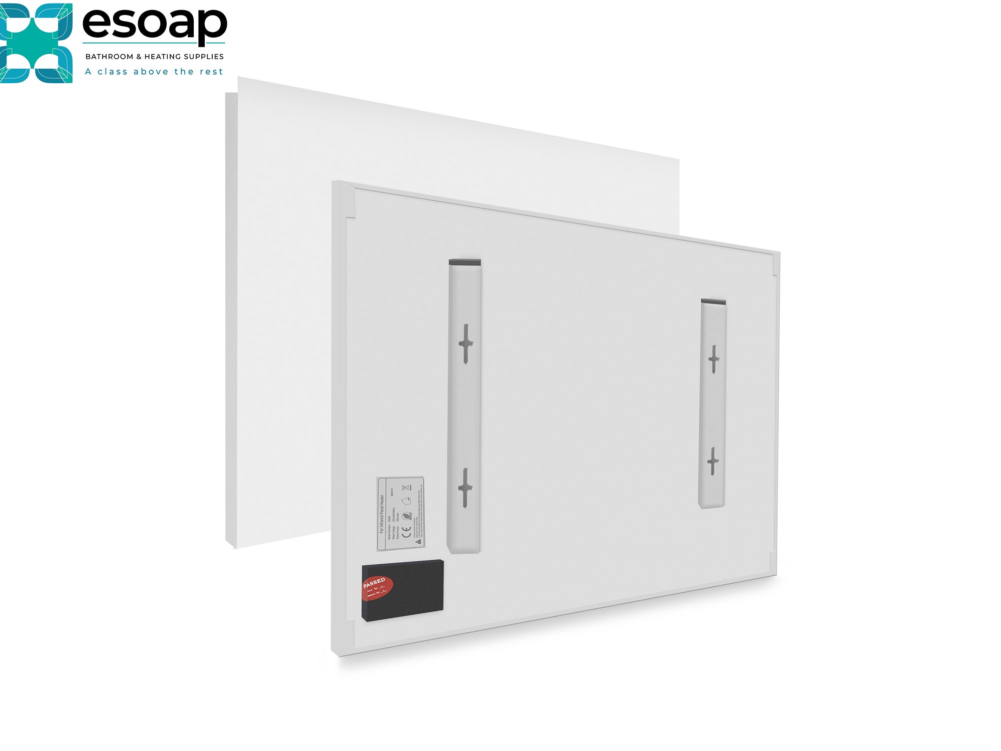 Front and Back of 580W Premium Frameless Infrared Heating Panel on a white background, featuring the Esoap brand.