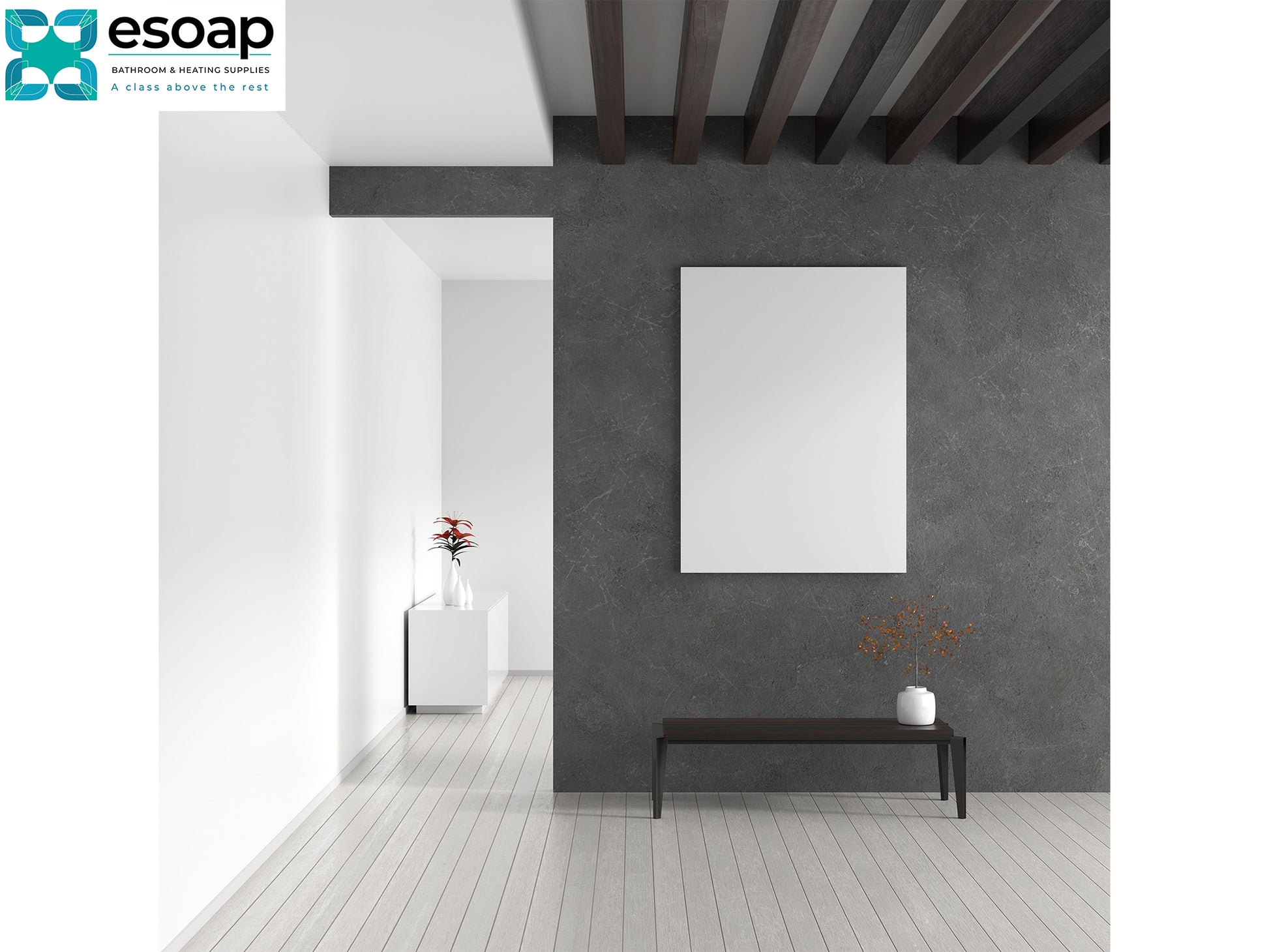 Modern interior design with a gray wall, white floor, and minimal decor and 580W Premium Frameless Infrared Heating Panel