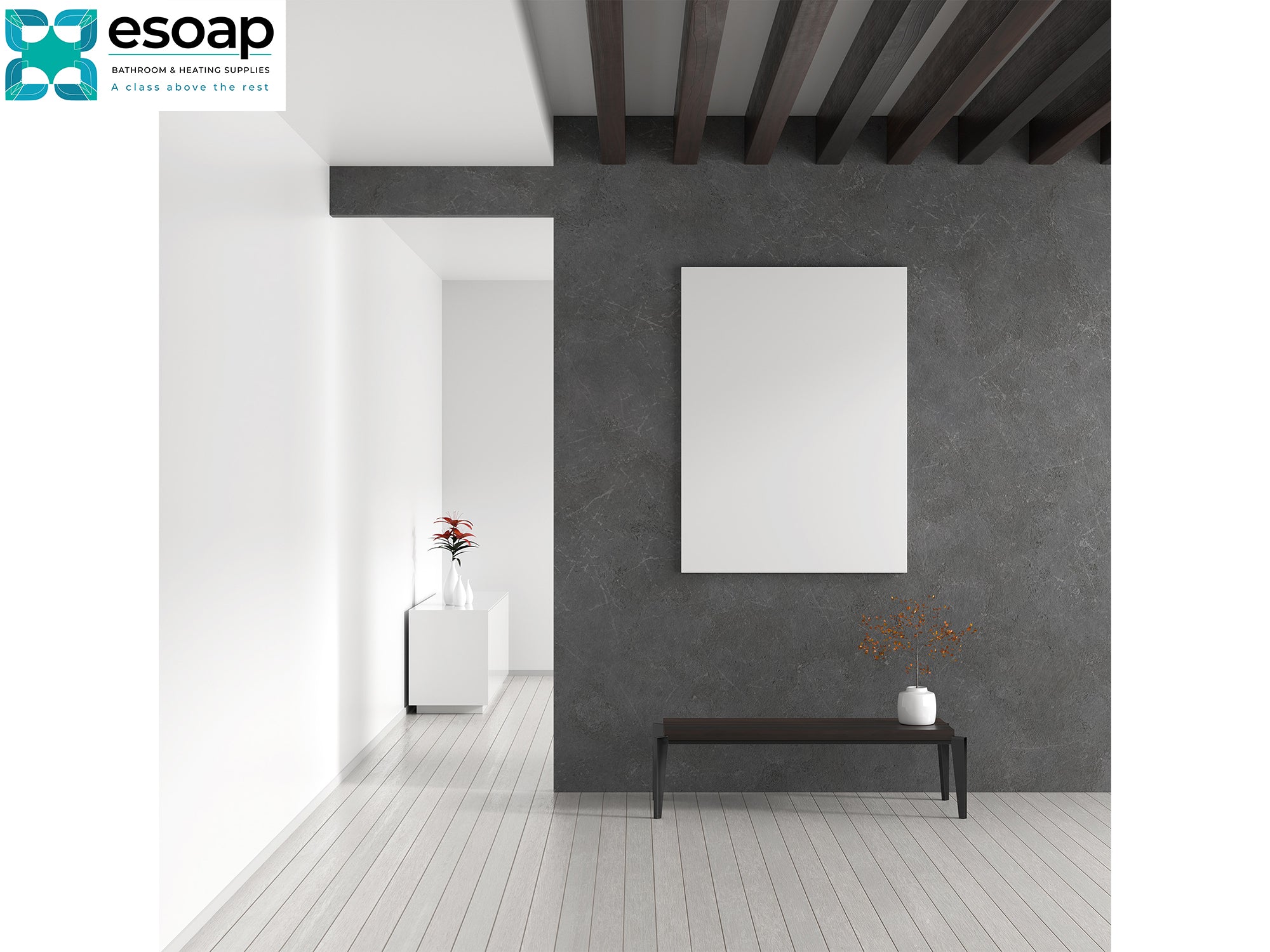 Modern interior design with a gray wall, white floor, and minimal decor and 580W Premium Frameless Infrared Heating Panel