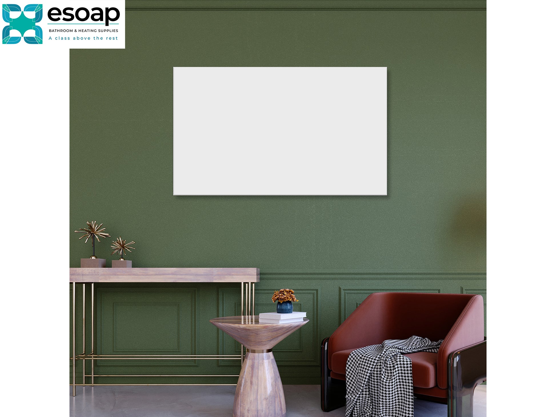 Modern interior design with a green wall, white frame, and furniture and 580W Premium Frameless Infrared Heating Panel