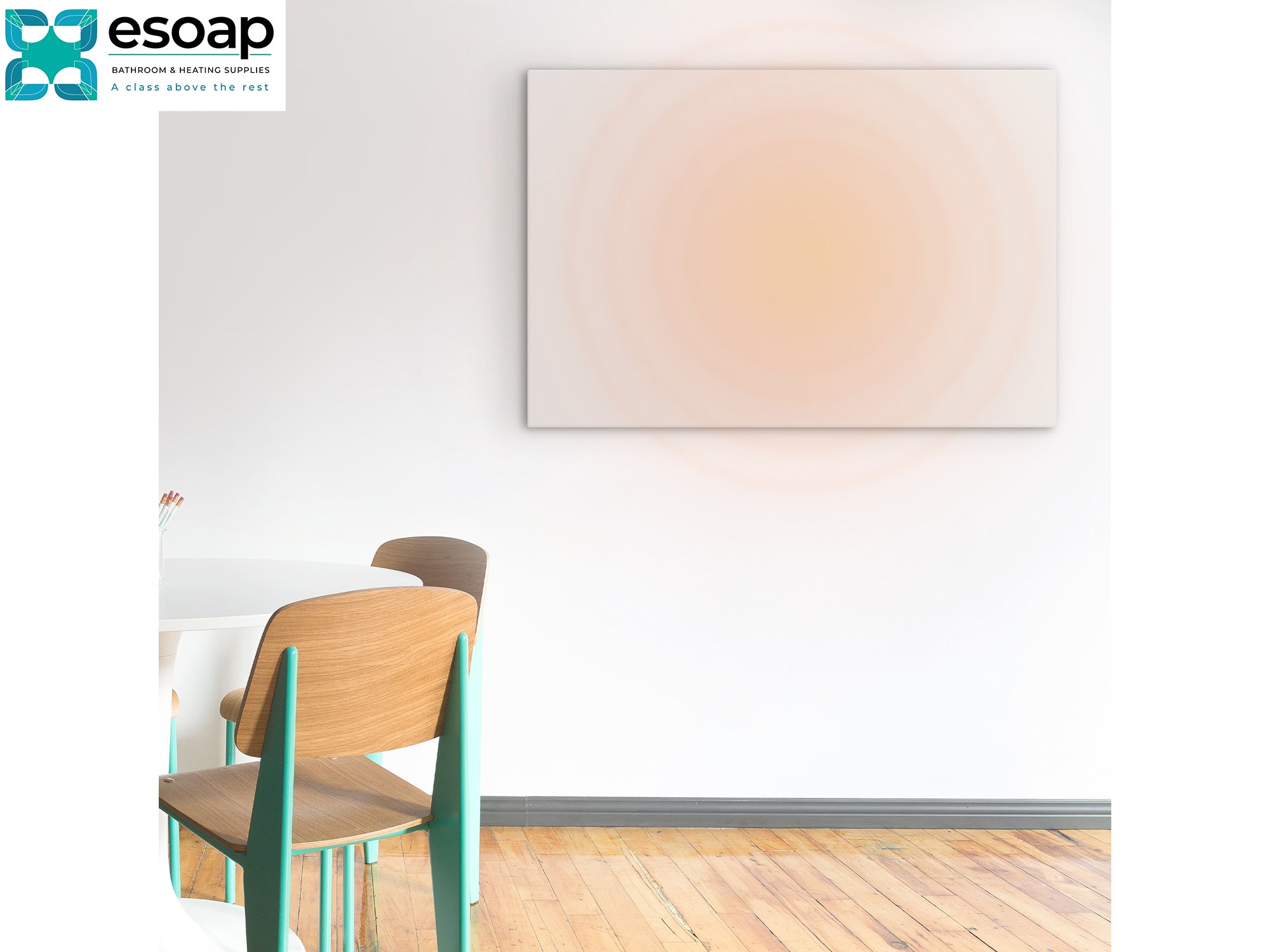Dining area with wooden chairs and a whiteboard on a wall, featuring the Esoap logo and 580W Premium Frameless Infrared Heating Panel