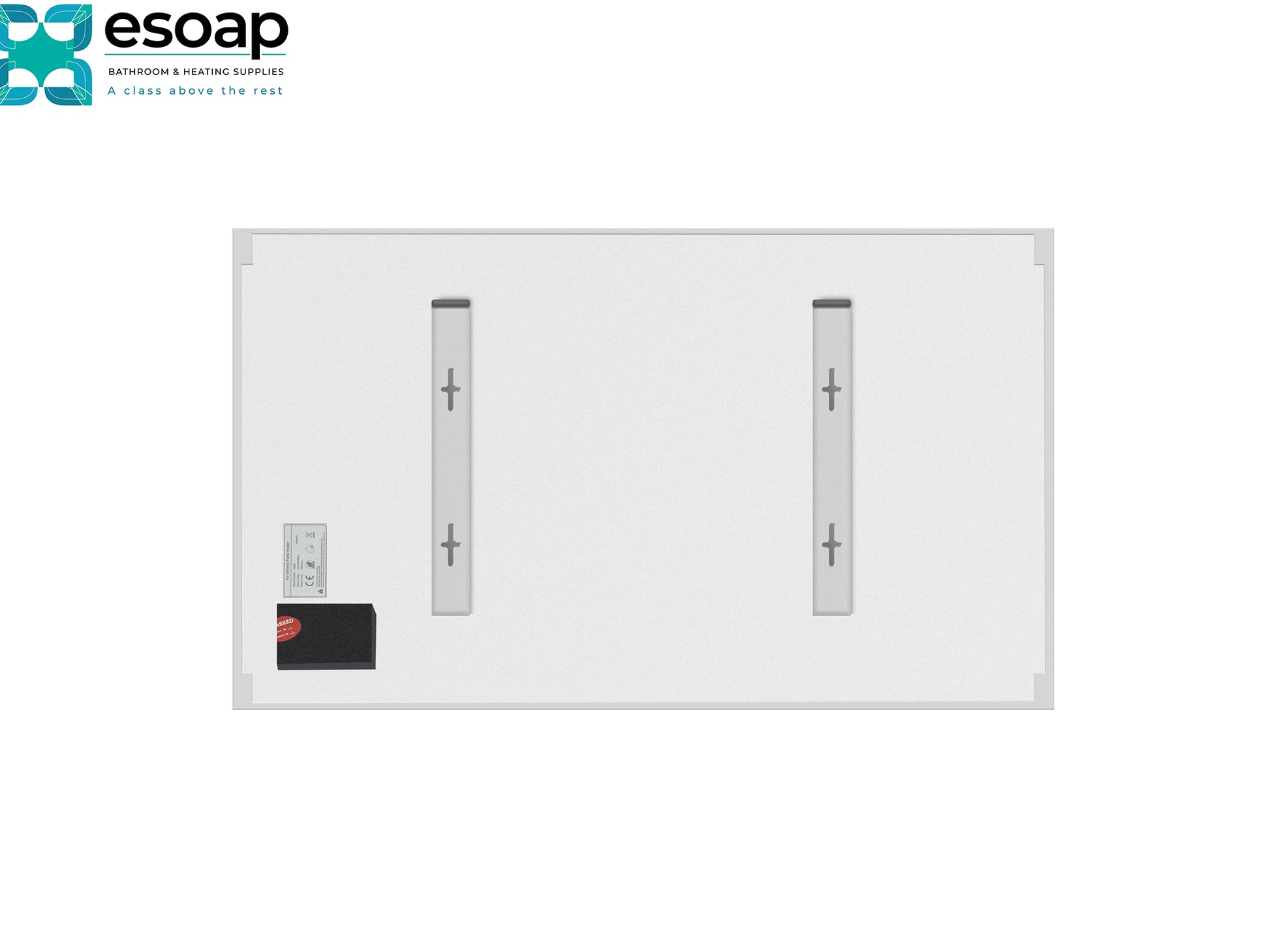 Back of 700W Premium Frameless Infrared Heating Panel on a white background, featuring the Esoap logo.