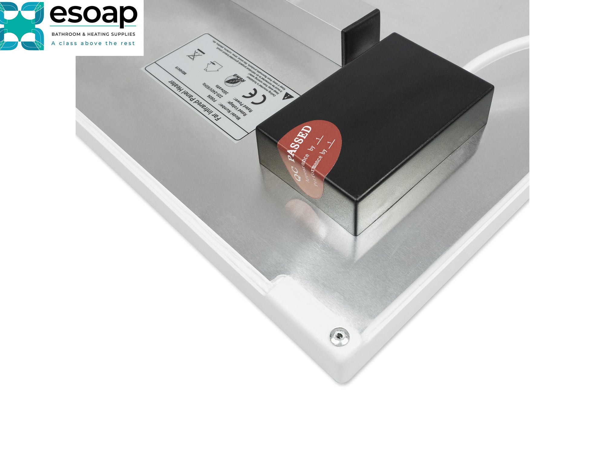 Black electronic device with a red label on a white surface, featuring the Esoap logo for 700W Premium Frameless Infrared Heating Panel