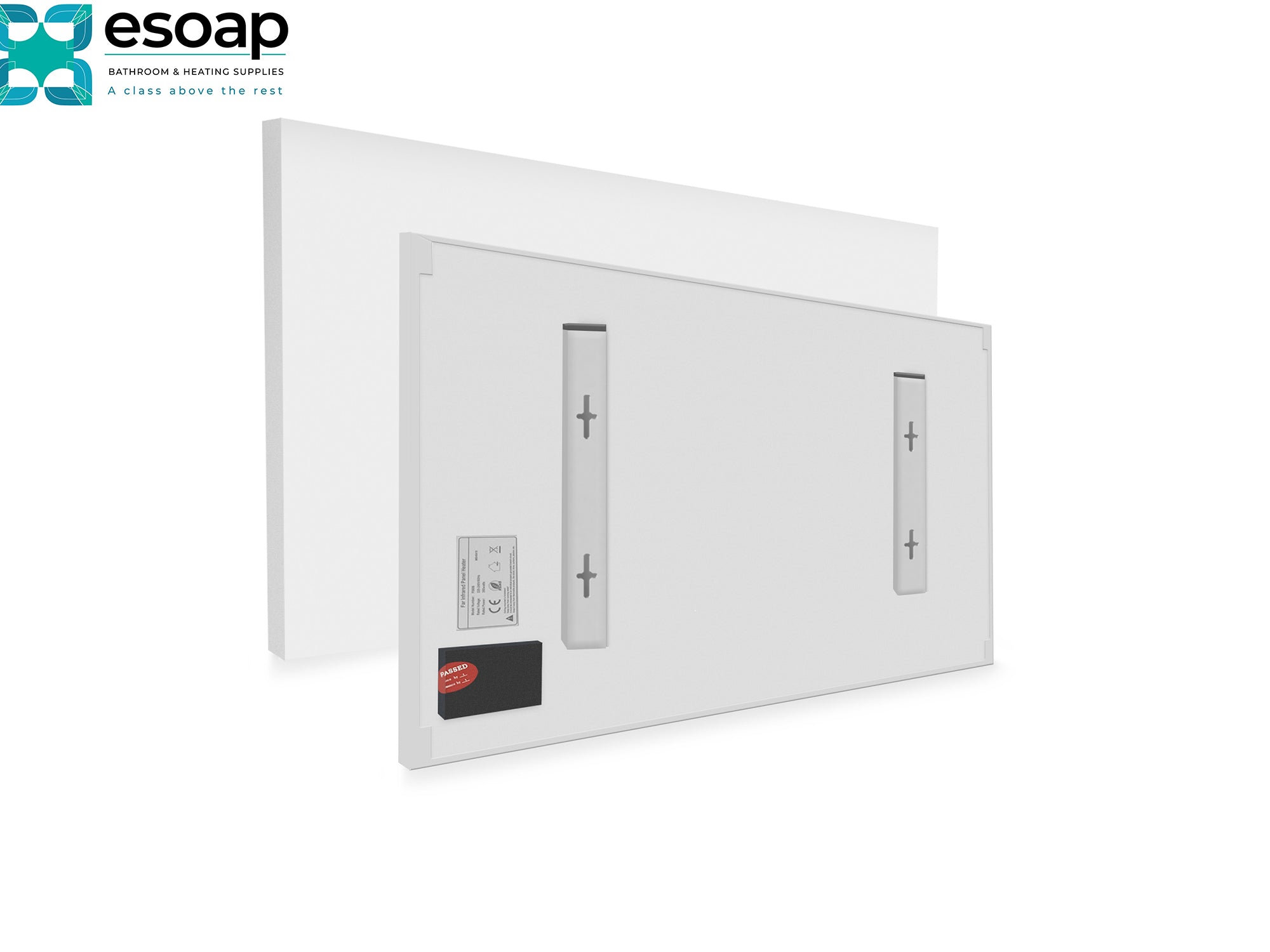 Front and Back of 700W Premium Frameless Infrared Heating Panel on a white background, featuring the Esoap logo.