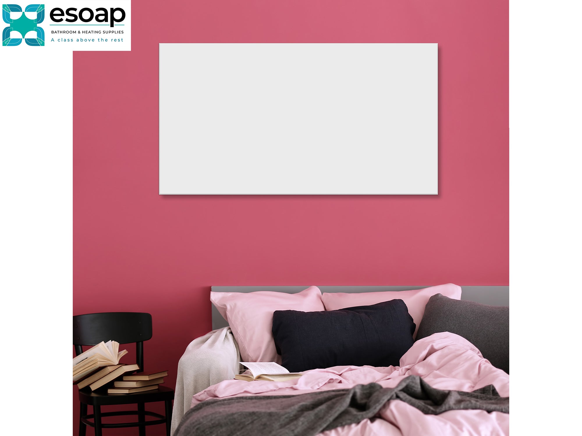 Bedroom with pink walls, gray headboard, and pink bedding, featuring the Esoap logo for 700W Premium Frameless Infrared Heating Panel